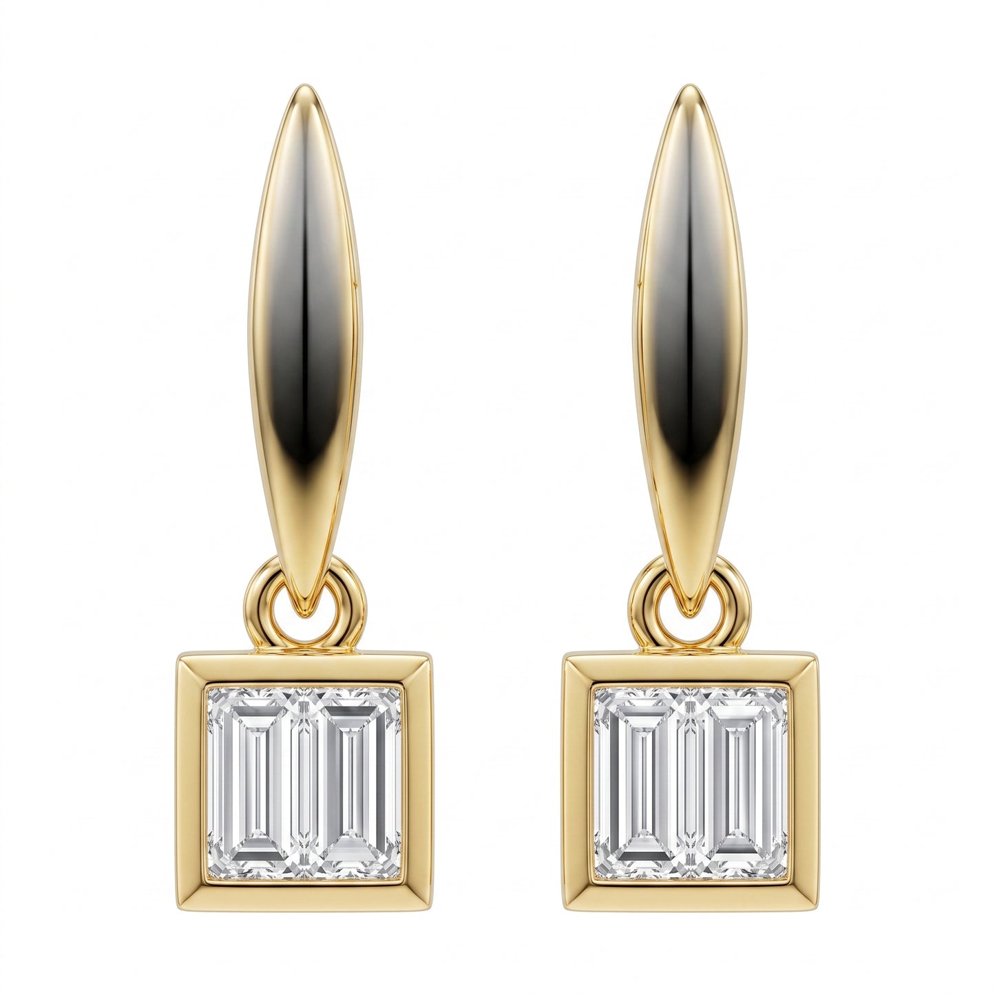 4 Baguette Square Dangle Post Earrings in 14K yellow gold, front view