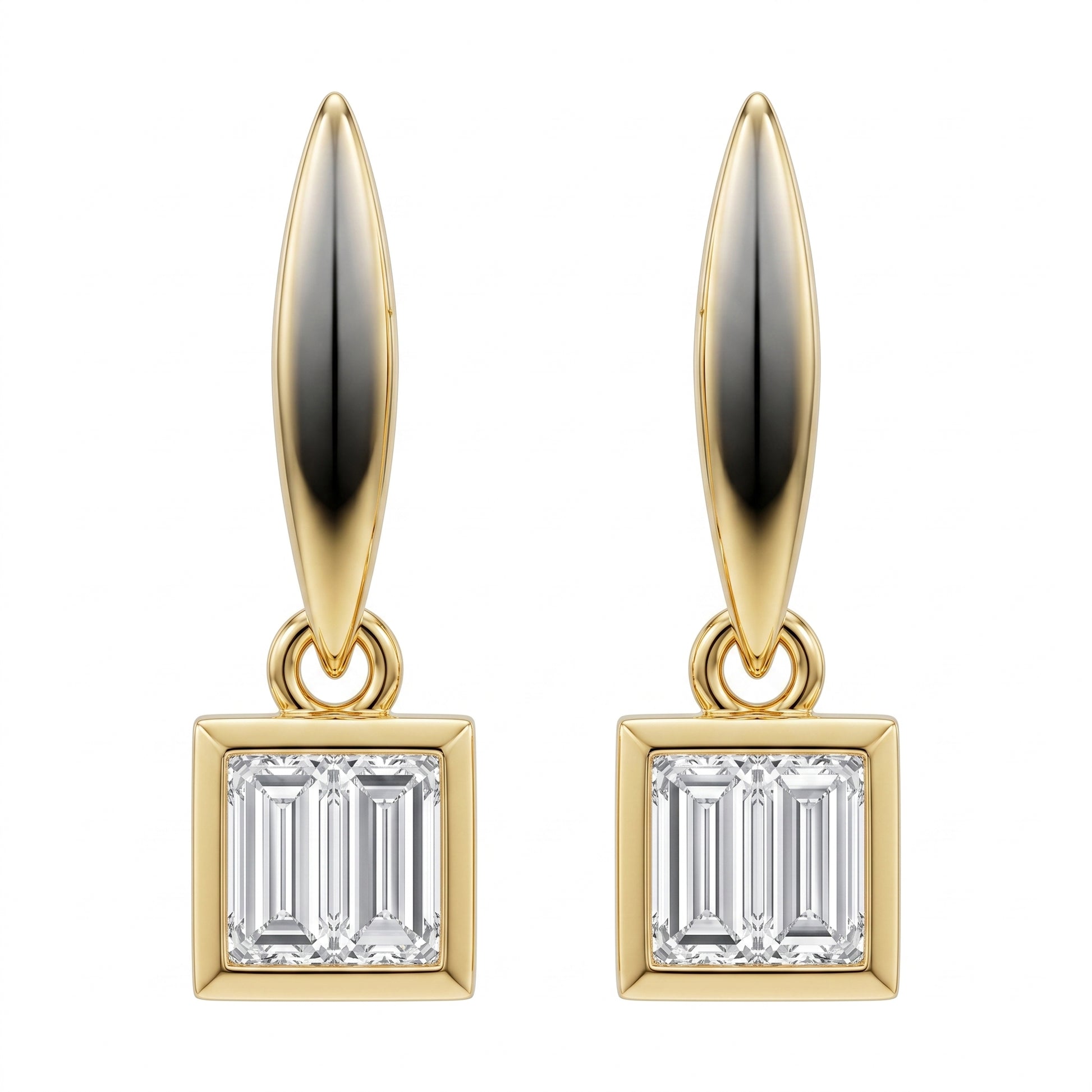 4 Baguette Square Dangle Post Earrings in 14K yellow gold, front view