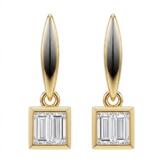4 Baguette Square Dangle Post Earrings in 14K yellow gold, front view