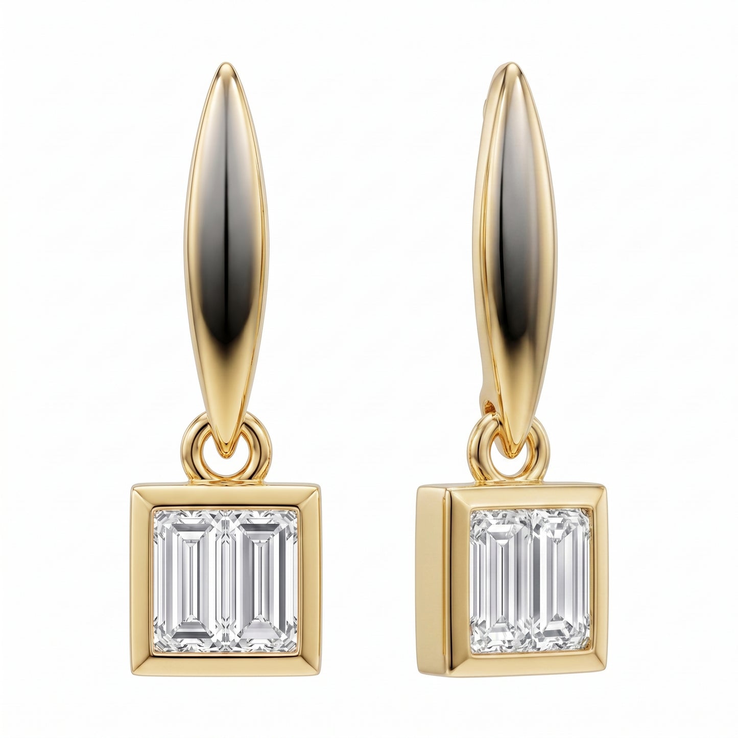 4 Baguette Square Dangle Post Earrings in 14K yellow gold, angled and profile view