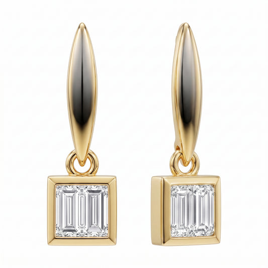 4 Baguette Square Dangle Post Earrings in 14K yellow gold, angled and profile view