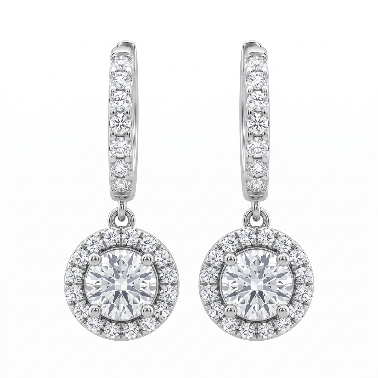 Diamond halo dangle hoop earrings in 18K white gold, studio white background