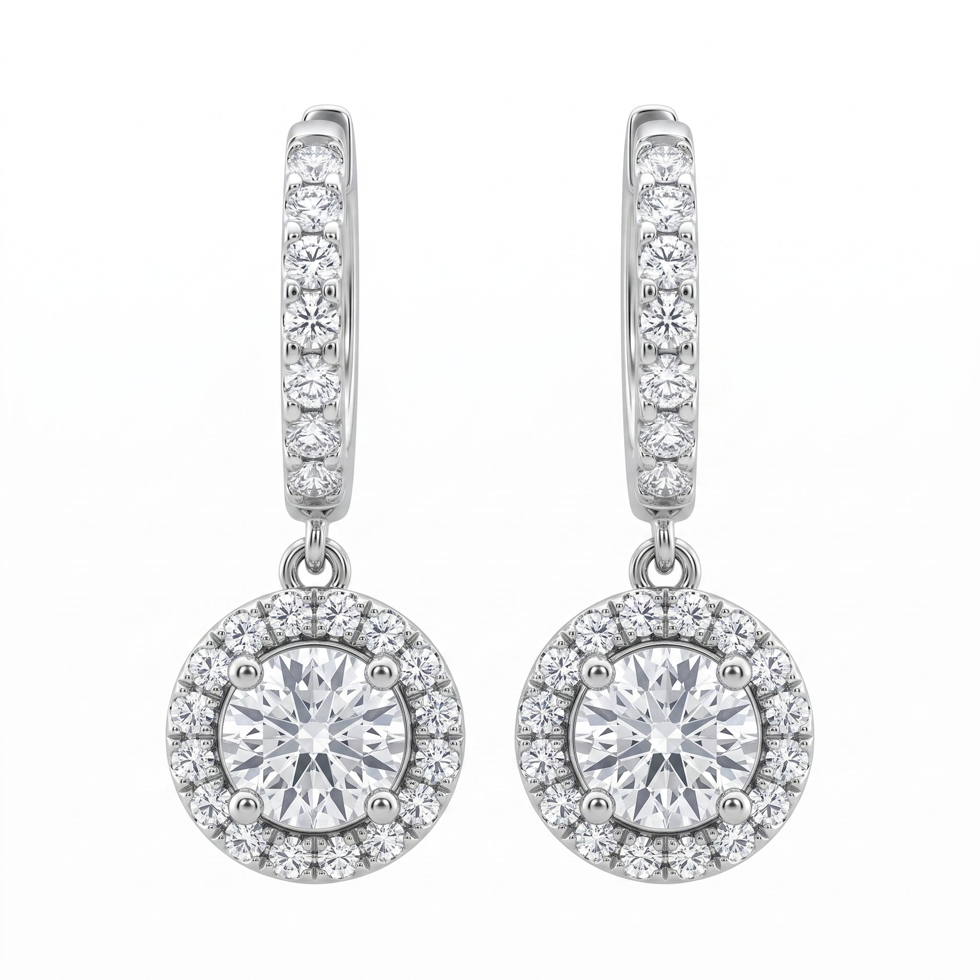 Diamond halo dangle hoop earrings in 18K white gold, studio white background