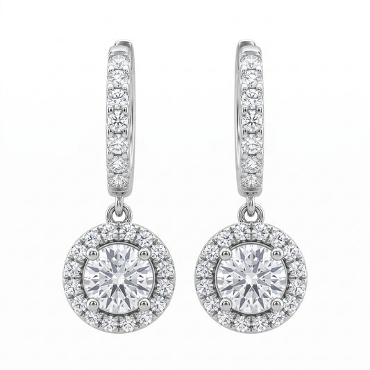 Diamond halo dangle hoop earrings in 18K white gold, studio white background