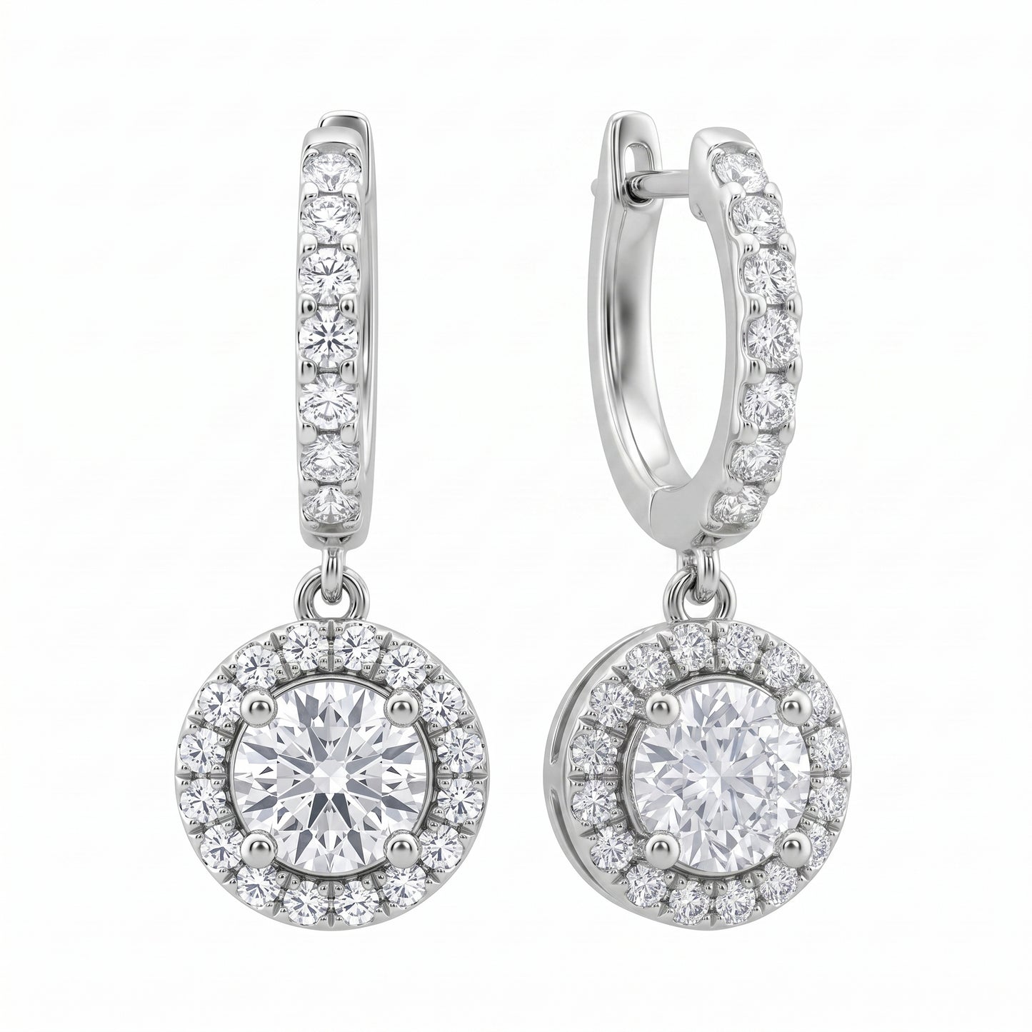 Diamond halo dangle hoop earrings in 18K white gold, second studio view showing hoop profile and hinge