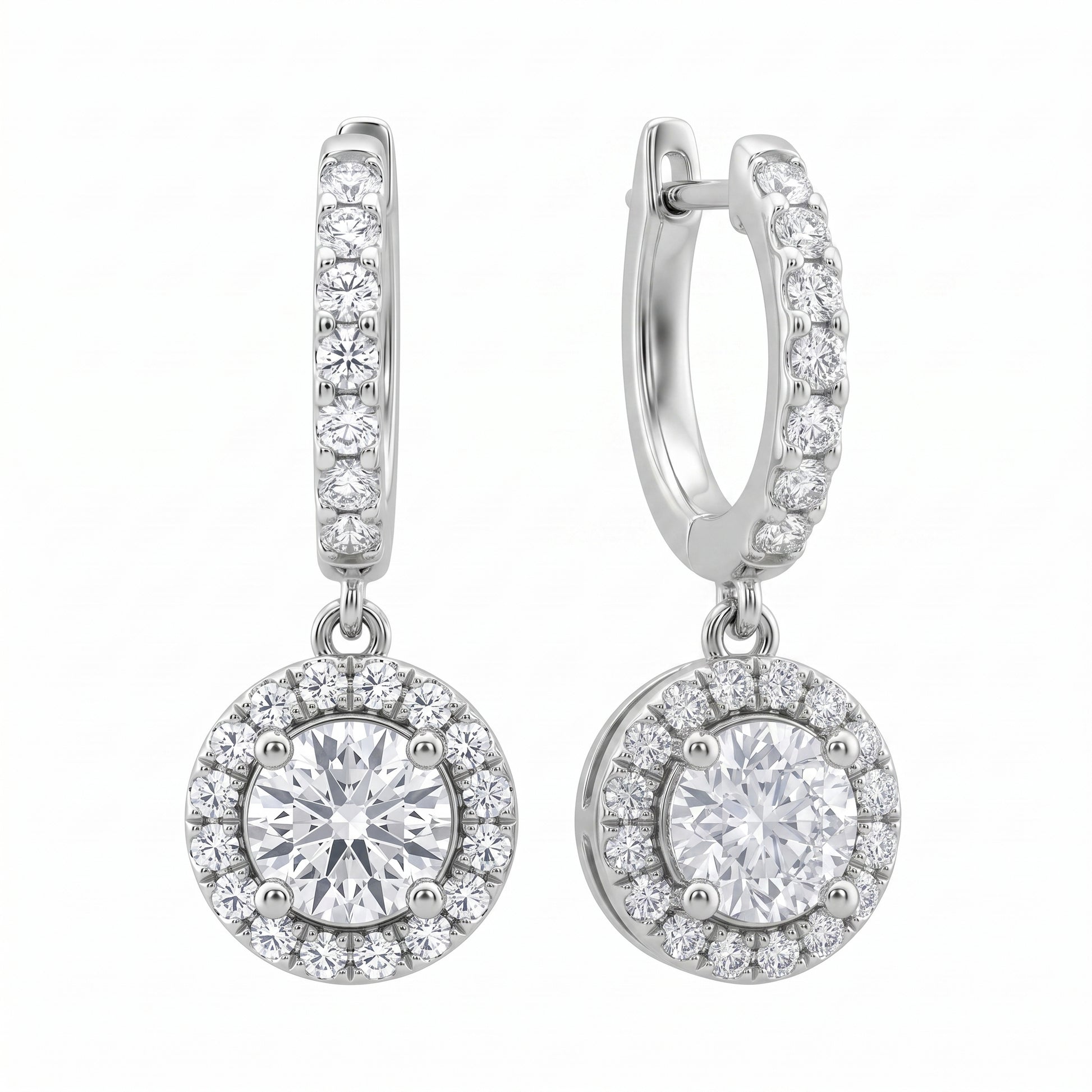 Diamond halo dangle hoop earrings in 18K white gold, second studio view showing hoop profile and hinge