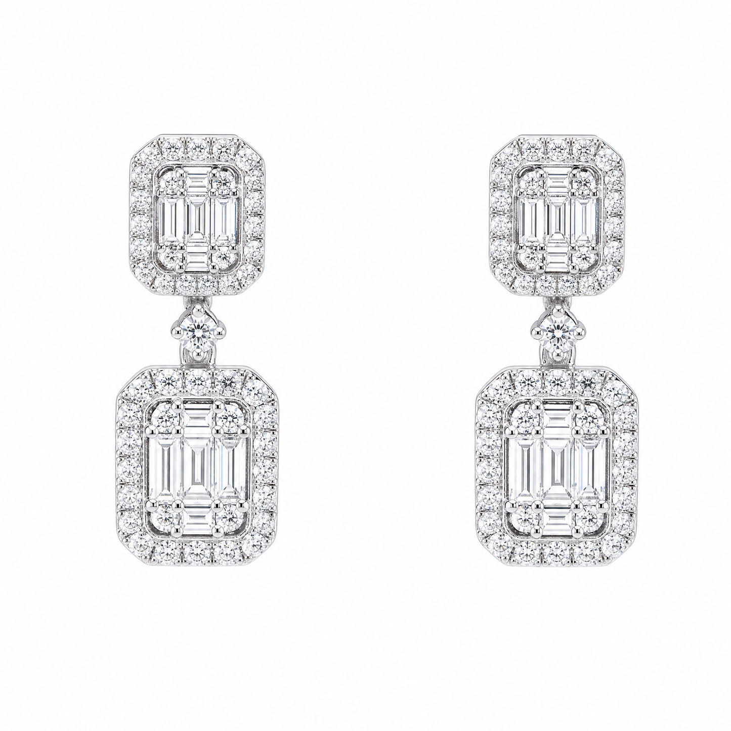 DEM1253W W-1 frontal pair - baguette and round diamond double cluster drop earrings