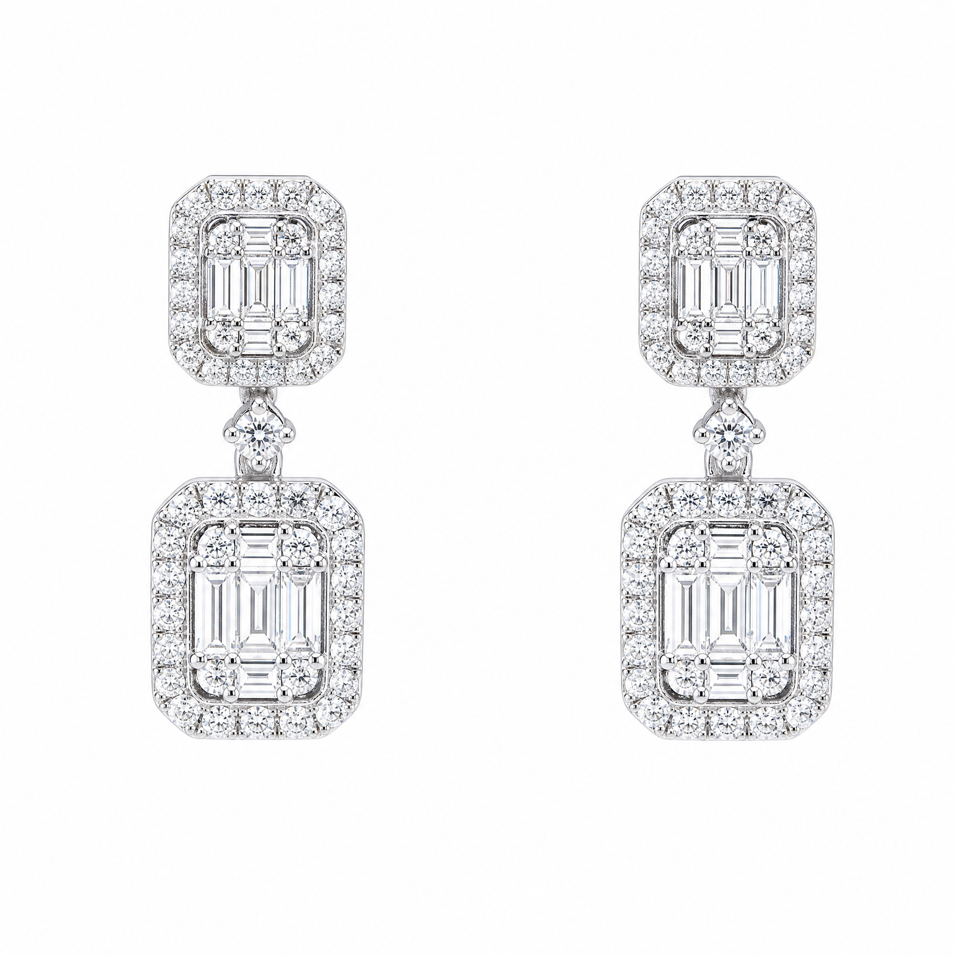 DEM1253W W-1 frontal pair - baguette and round diamond double cluster drop earrings