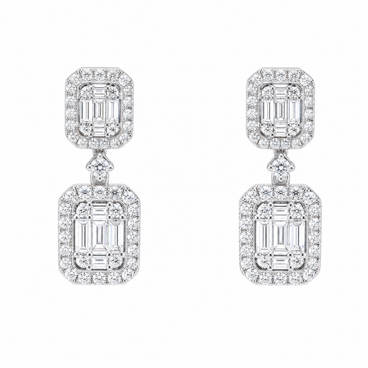DEM1253W W-1 frontal pair - baguette and round diamond double cluster drop earrings