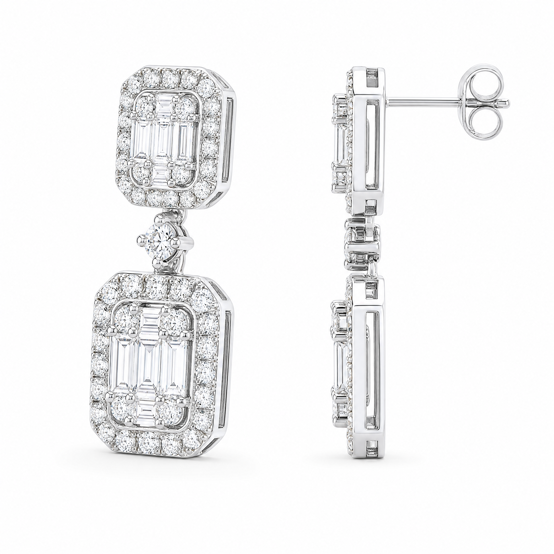 DEM1253W W-2 front and turned view showing post backing - baguette and round diamond double cluster drop earrings