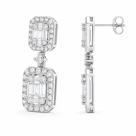 DEM1253W W-2 front and turned view showing post backing - baguette and round diamond double cluster drop earrings
