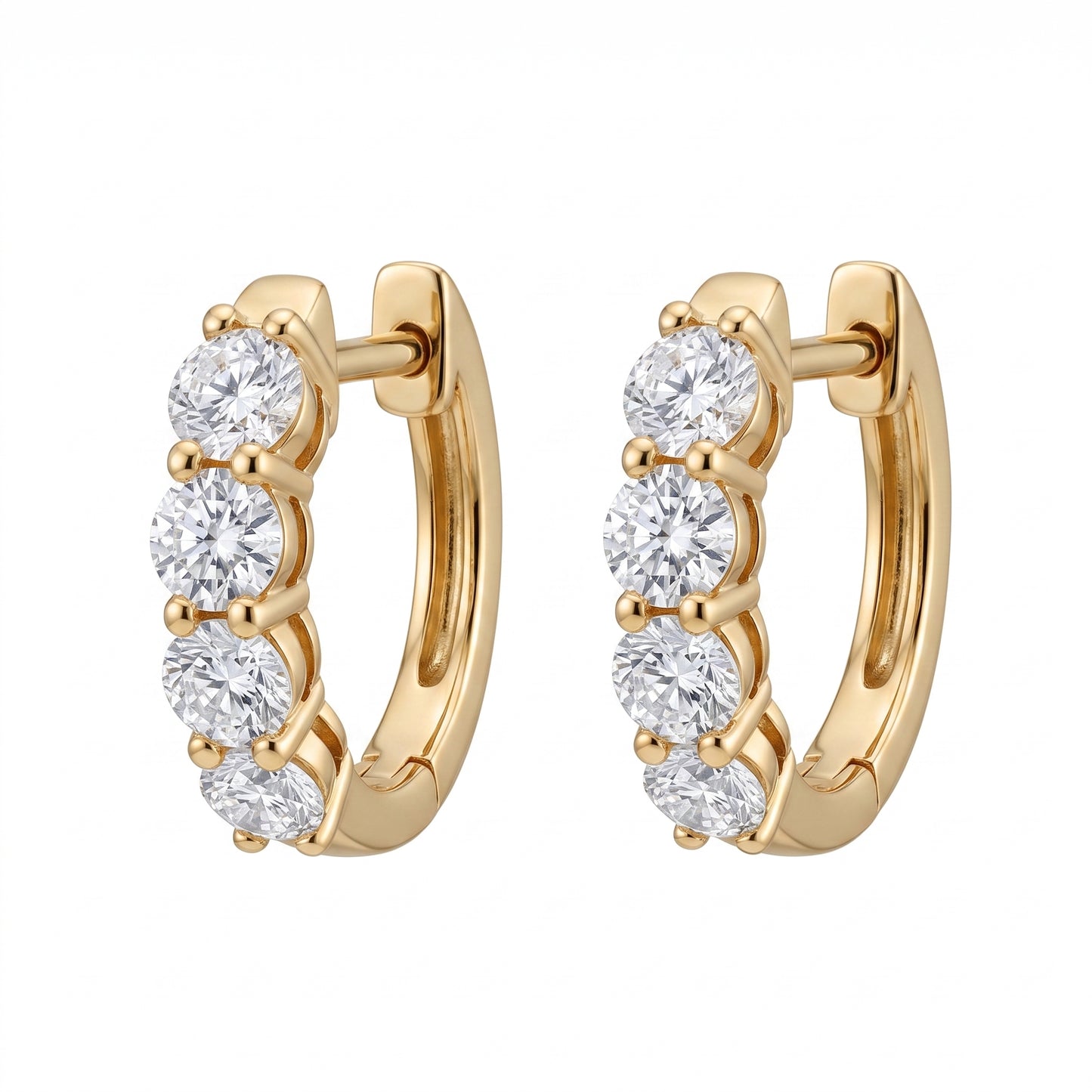 8-Diamond Baby Hoop Earrings - 18k yellow gold oval huggie hoops share-prong set with 4 round diamonds on each earring