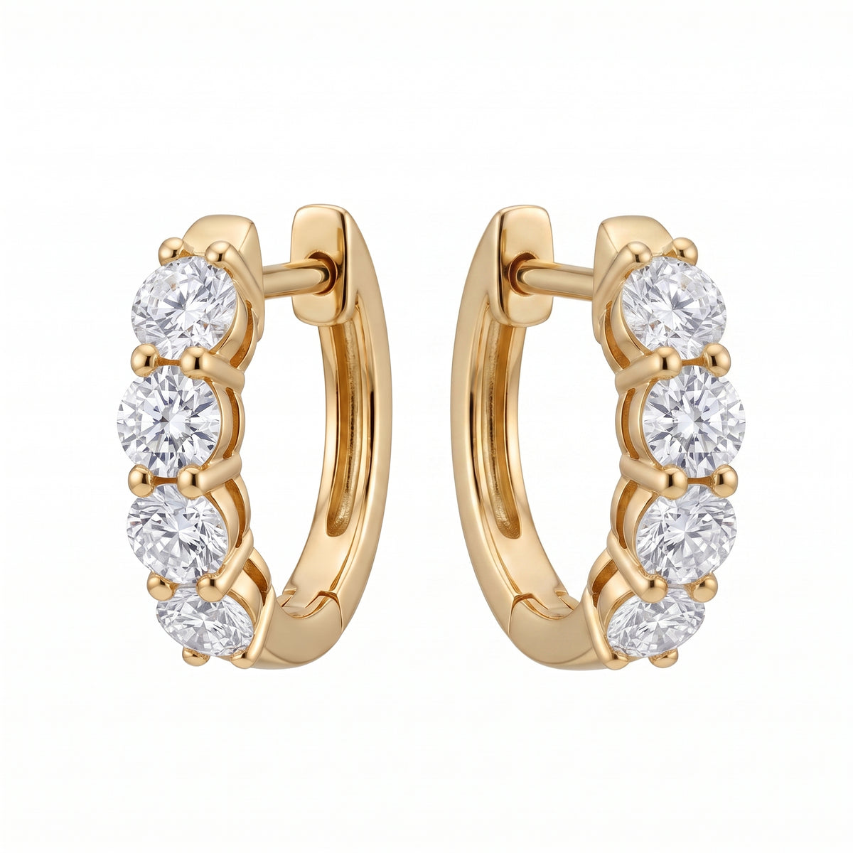8-Diamond Baby Hoop Earrings - mirrored pair view showing the polished plain 18k yellow gold back arc and hinged click clasp