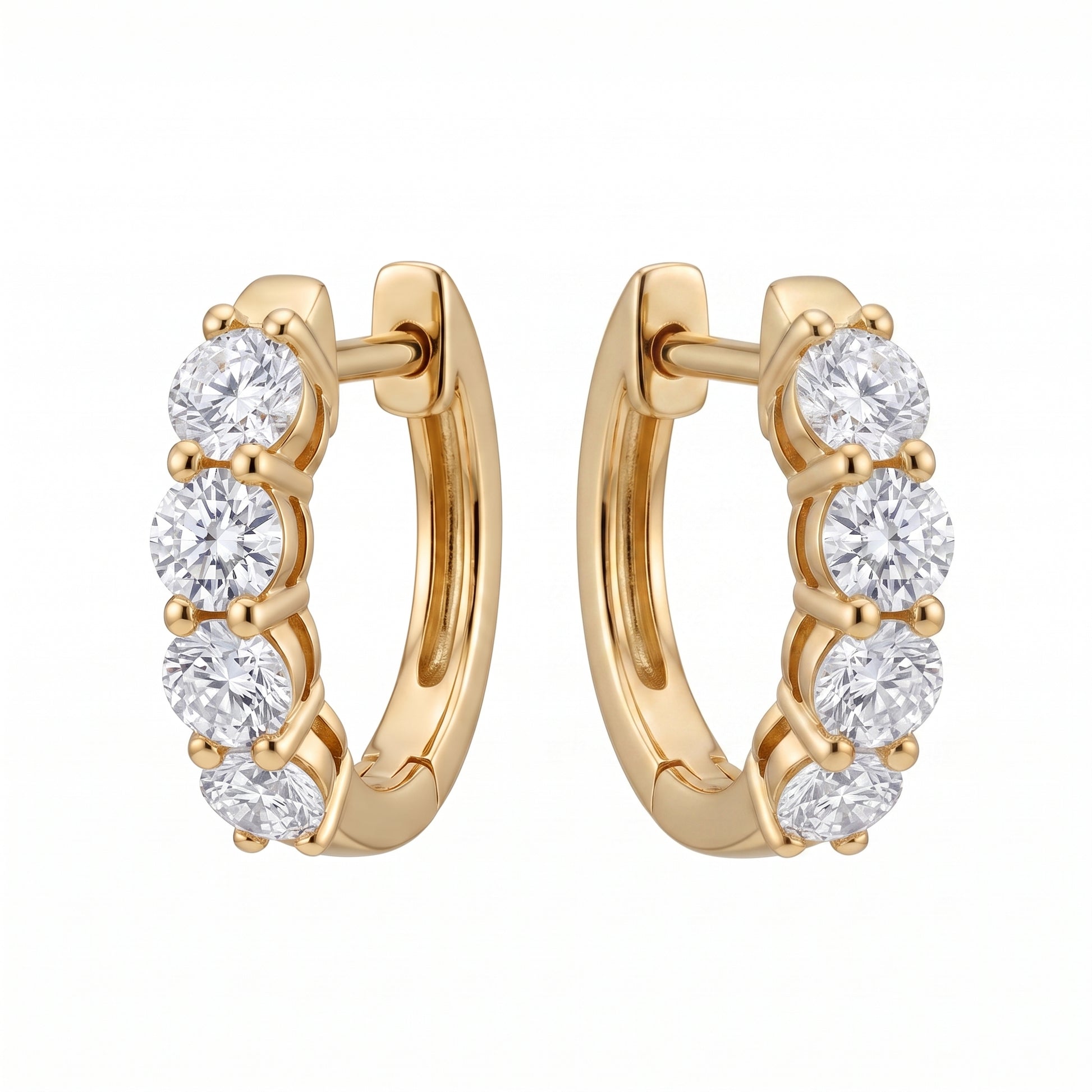 8-Diamond Baby Hoop Earrings - mirrored pair view showing the polished plain 18k yellow gold back arc and hinged click clasp