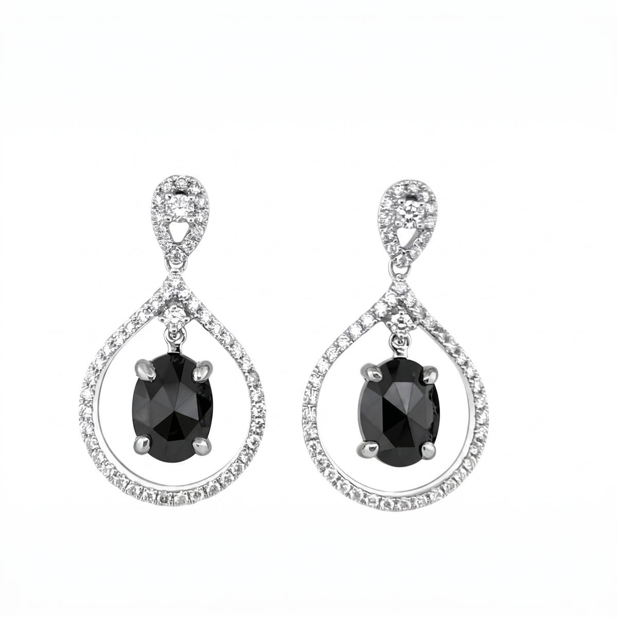 Black Diamond Teardrop Dangle Earrings in 14K white gold, front view on white background