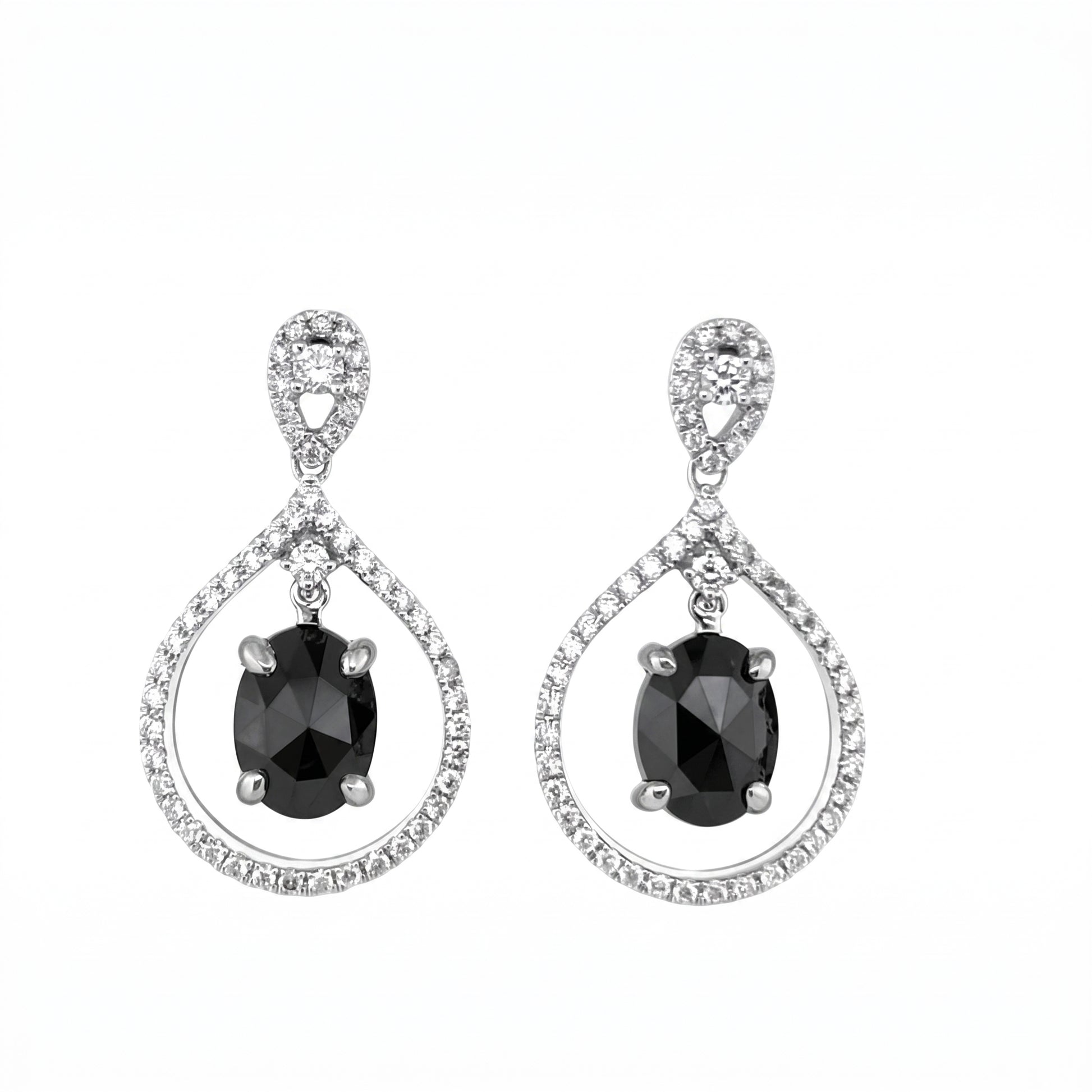 Black Diamond Teardrop Dangle Earrings in 14K white gold, front view on white background