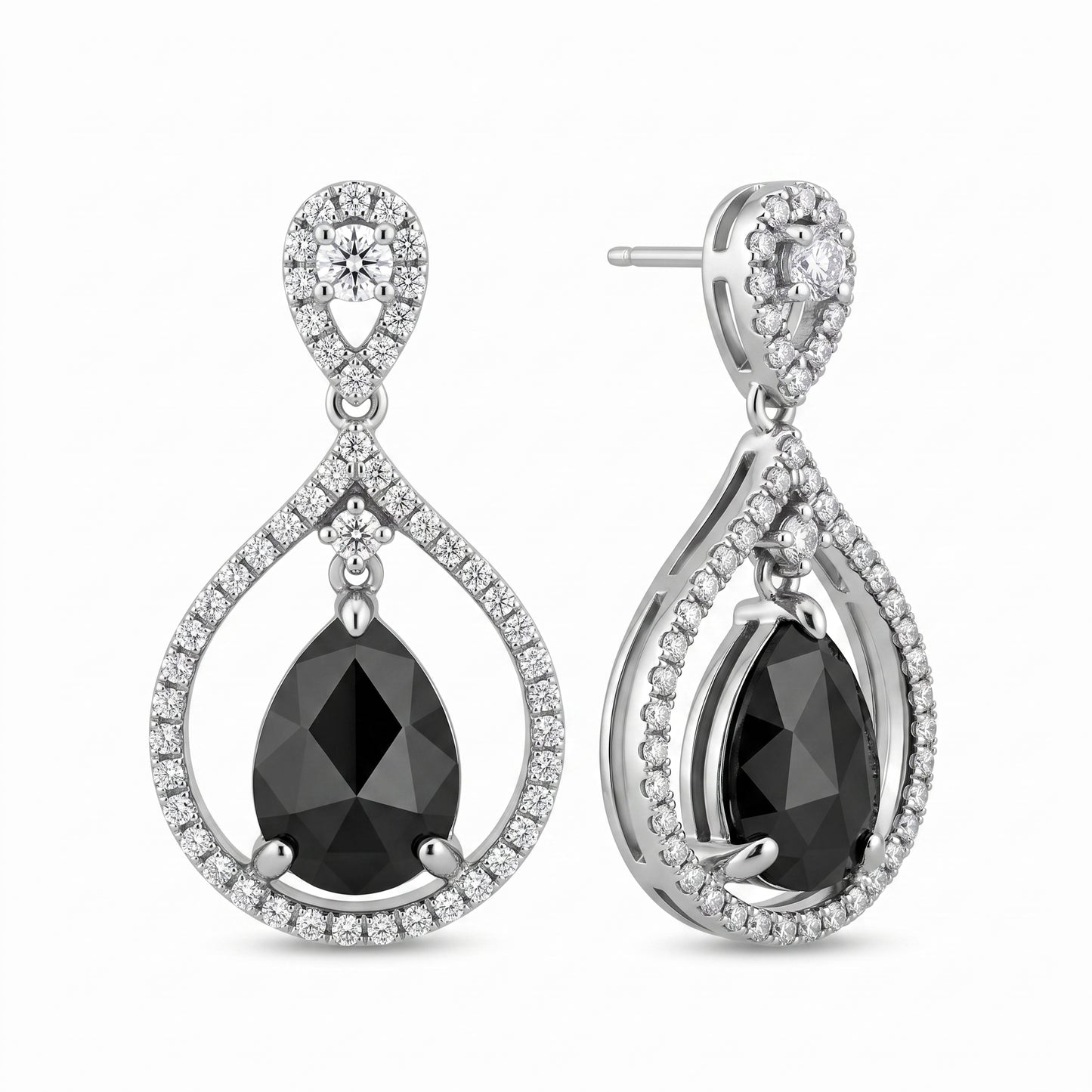 DEM1300BW-BK W-2 front and turned view showing post - pear-shaped rose-cut black diamond suspended in an open round diamond pave frame, dangle post earrings in 14K white gold