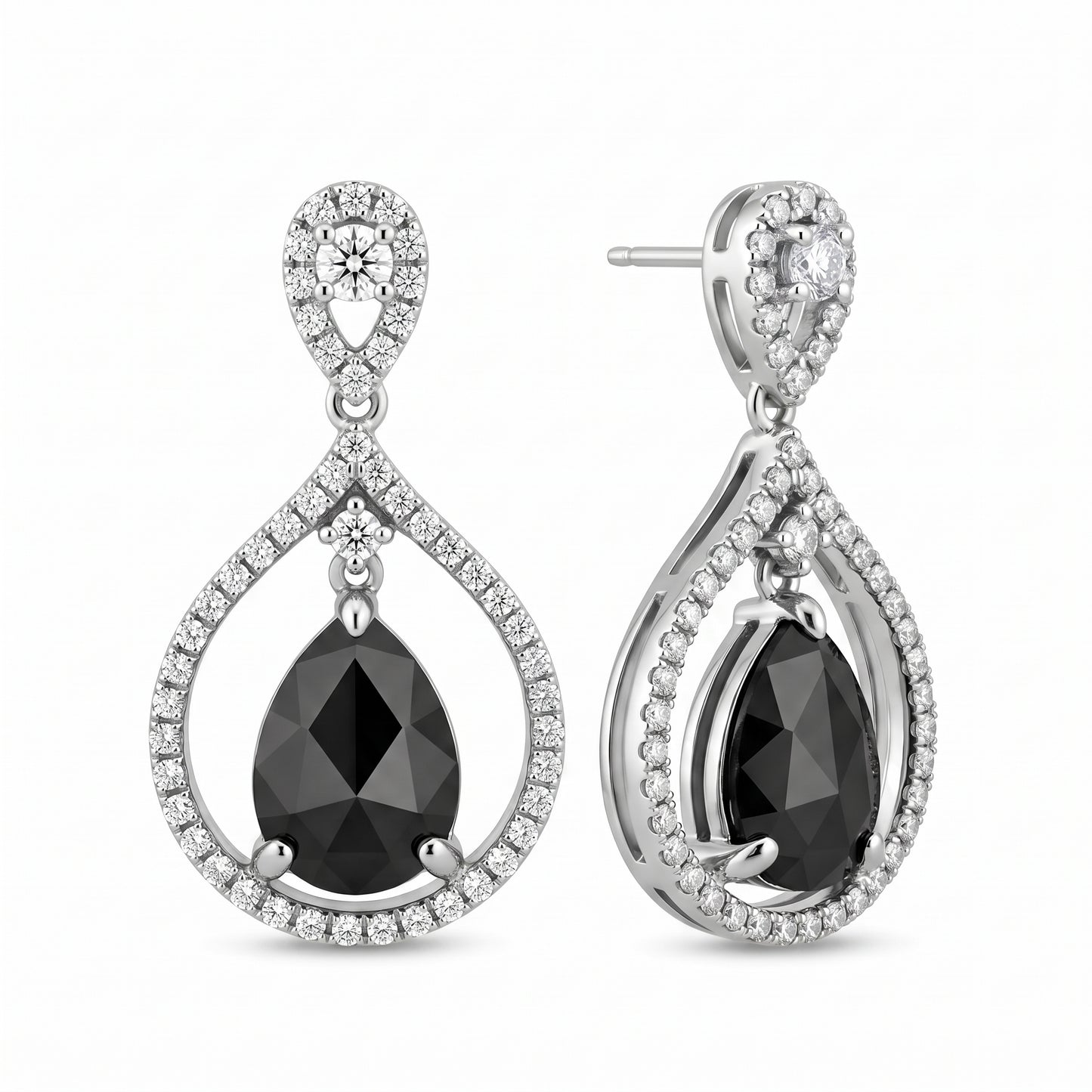 DEM1300BW-BK W-1 frontal pair - 7x10mm pear-shaped rose-cut black diamond suspended in an open round diamond pave pear frame with round diamond top station, dangle post earrings in 14K white gold