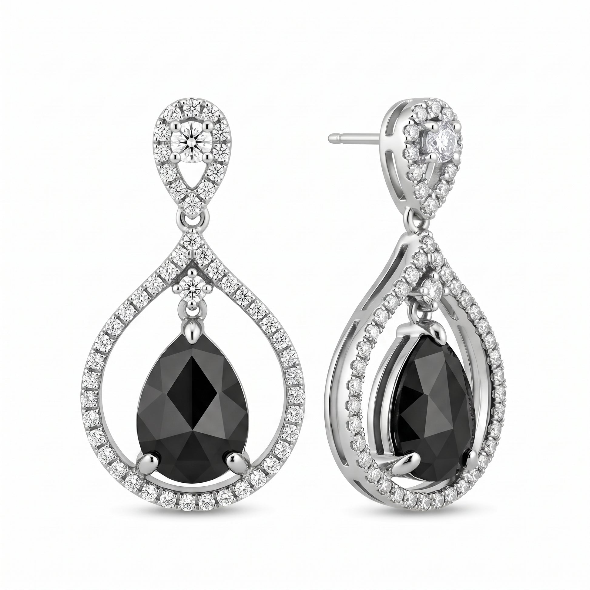 DEM1300BW-BK W-1 frontal pair - 7x10mm pear-shaped rose-cut black diamond suspended in an open round diamond pave pear frame with round diamond top station, dangle post earrings in 14K white gold