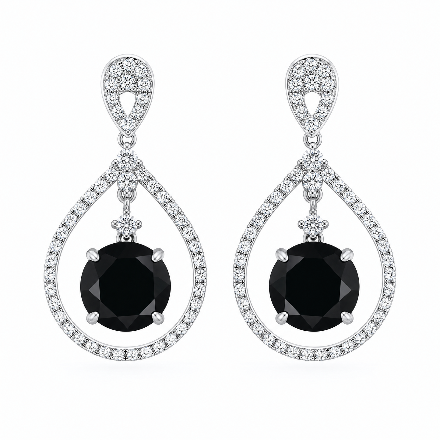 Black Diamond Dangle Earrings with White Pave Teardrop Frame - frontal pair