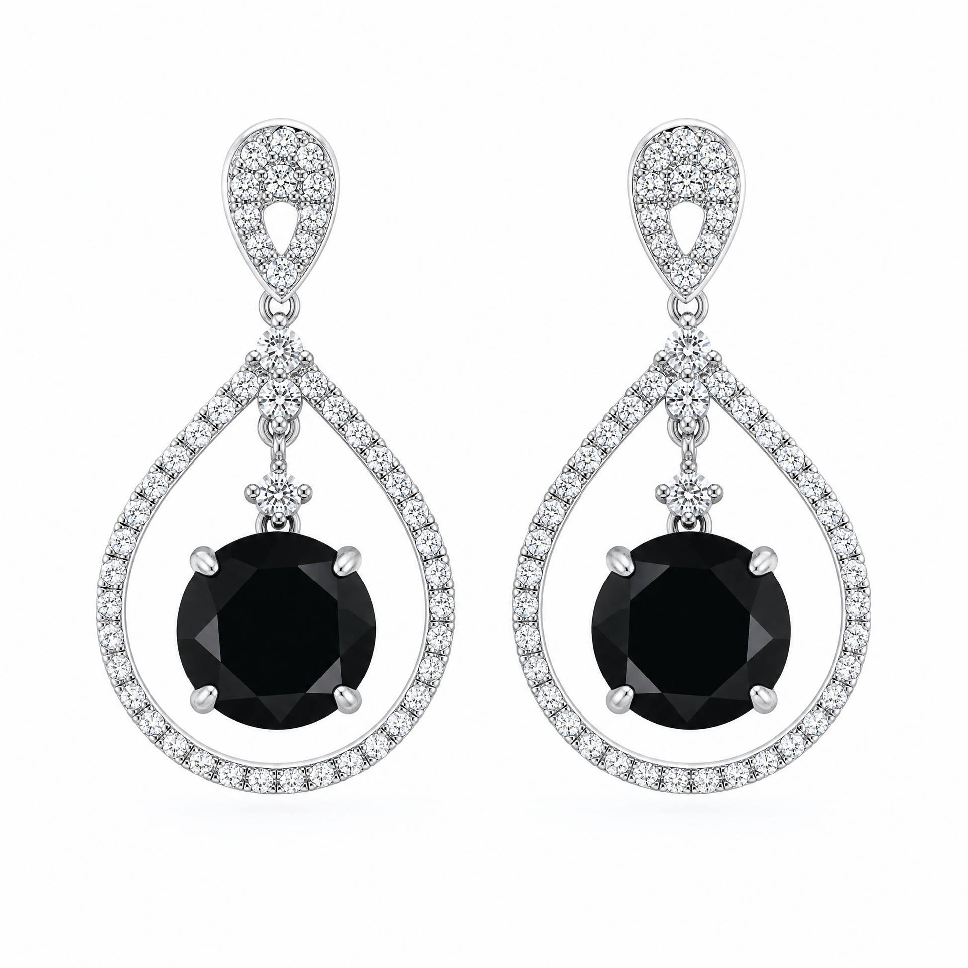 Black Diamond Dangle Earrings with White Pave Teardrop Frame - frontal pair