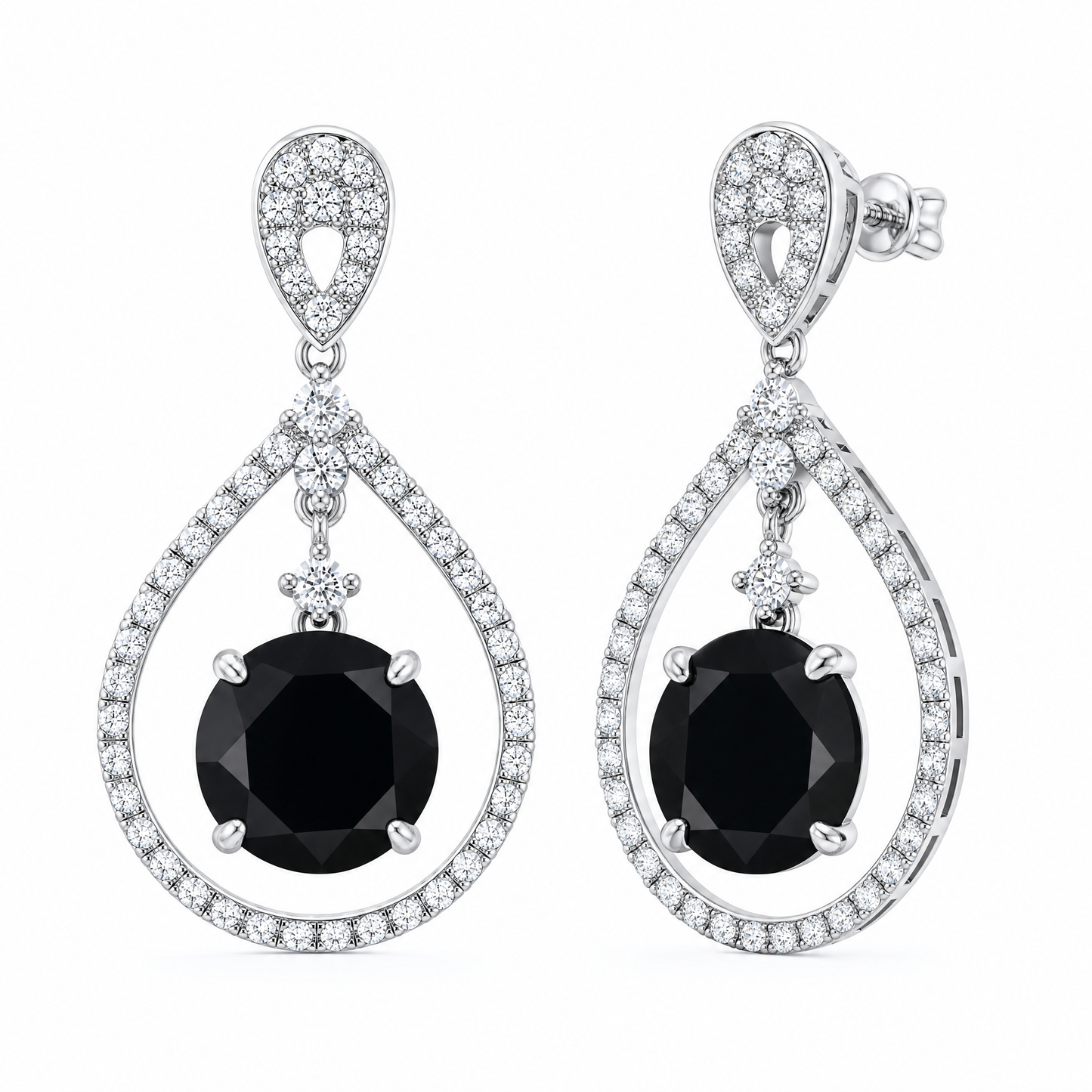 Black Diamond Dangle Earrings with White Pave Teardrop Frame - turned view showing post