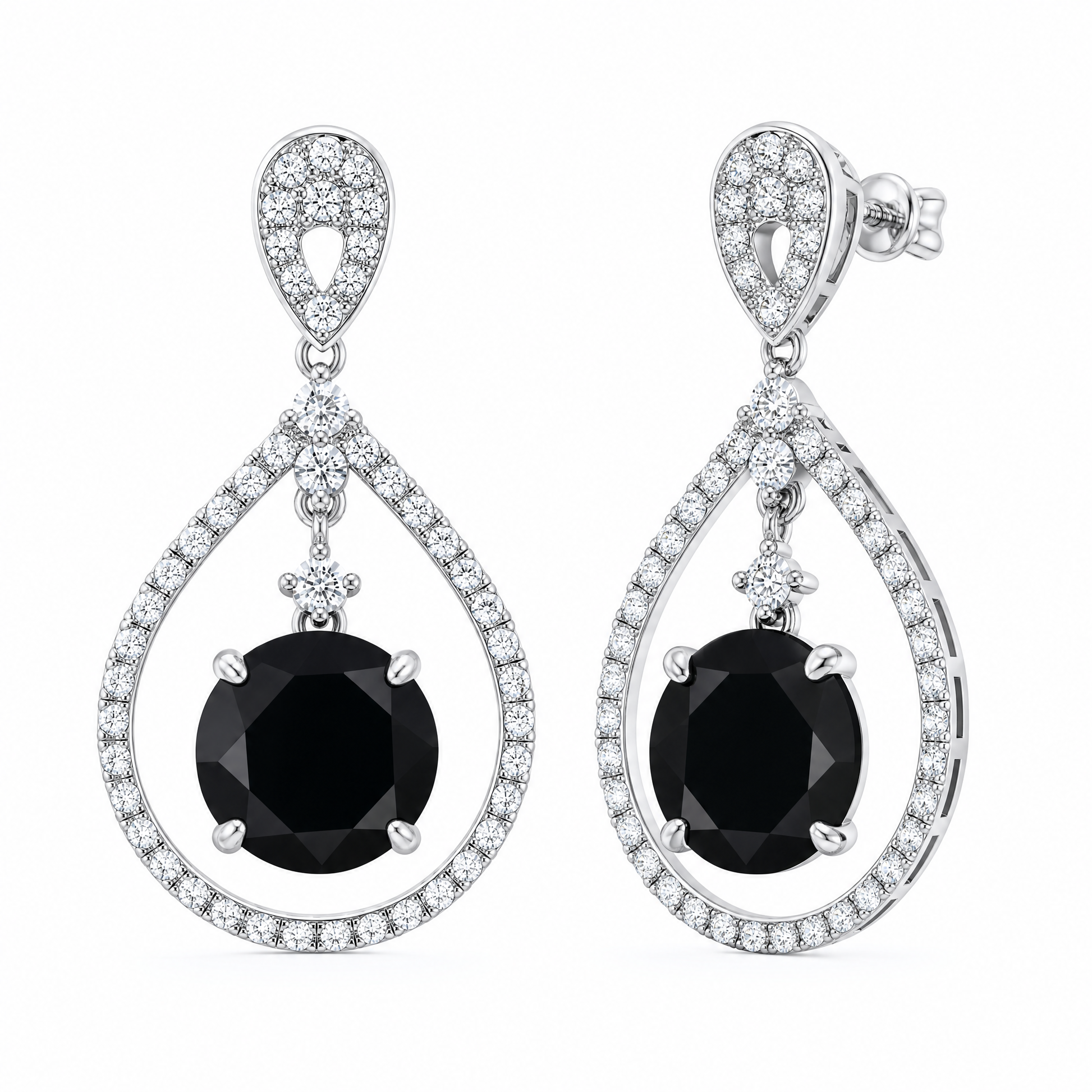 Black Diamond Dangle Earrings with White Pave Teardrop Frame - turned view showing post