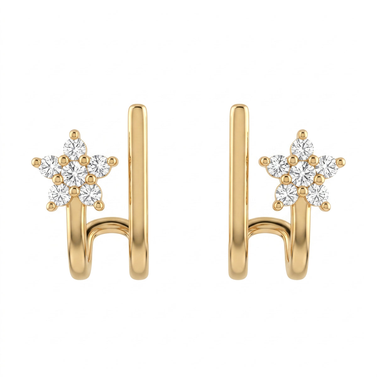14k yellow gold 12-diamond five-point star flower post earrings, white background
