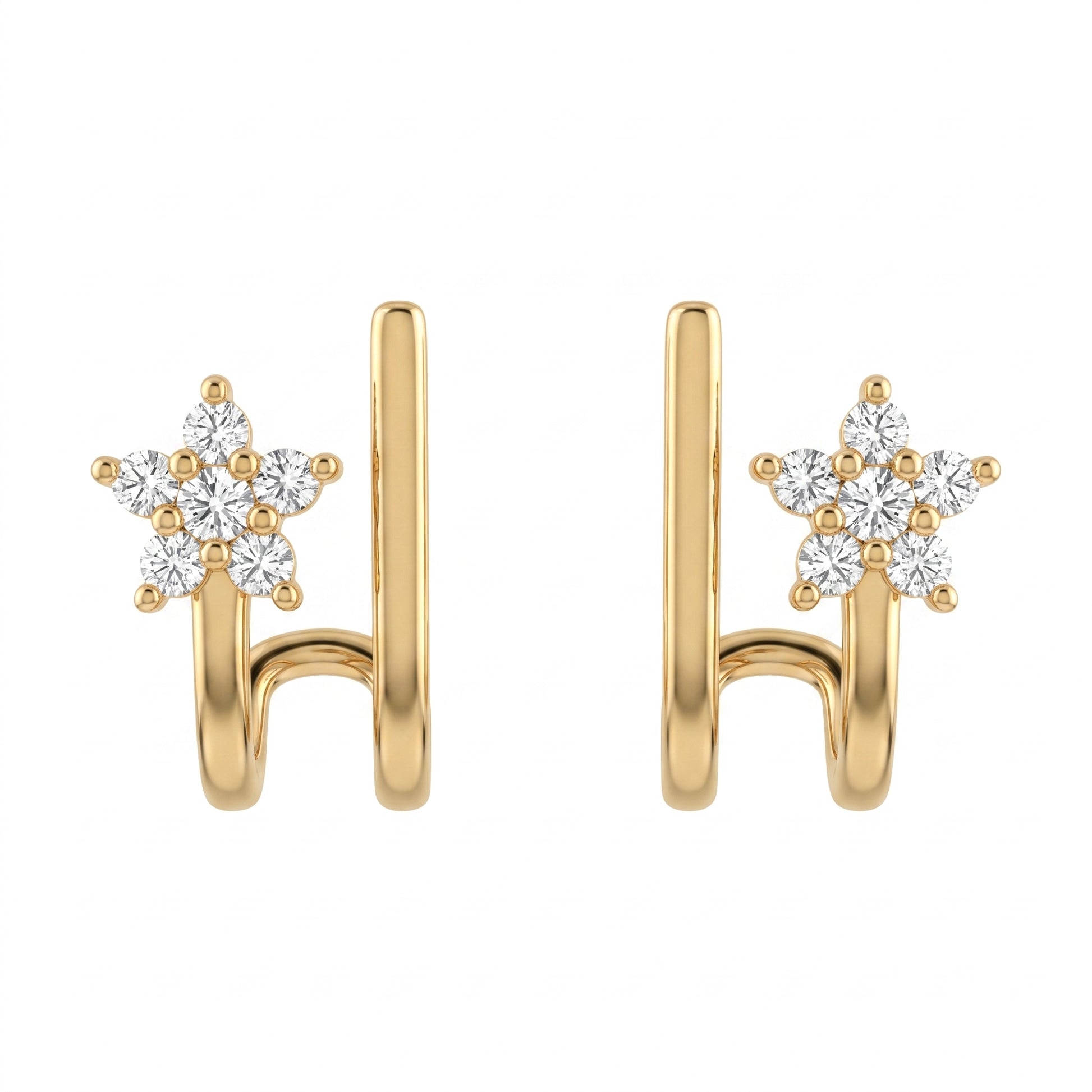 14k yellow gold 12-diamond five-point star flower post earrings, white background