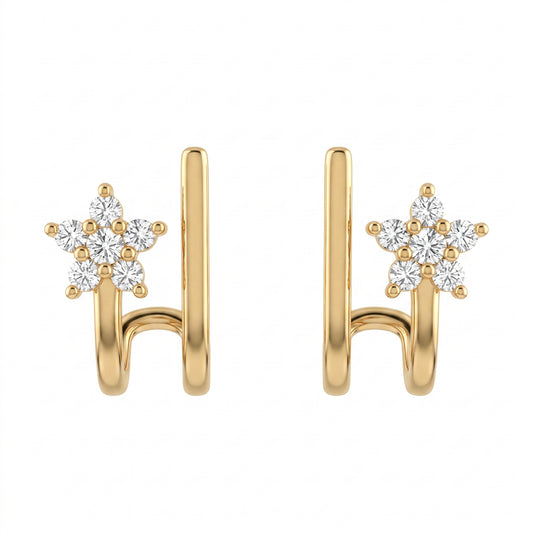14k yellow gold 12-diamond five-point star flower post earrings, white background
