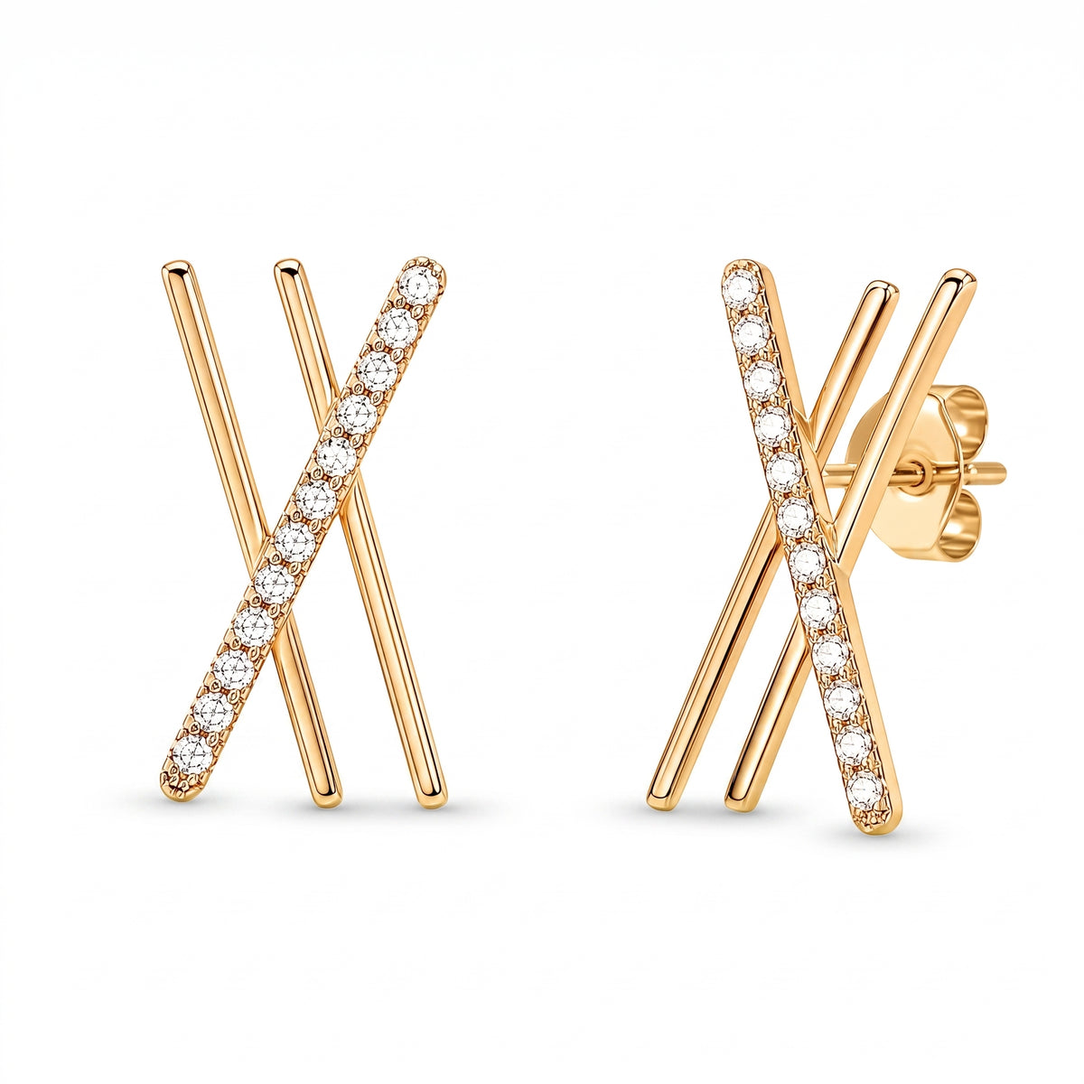 24-Diamond Double-X Gold Post Earrings