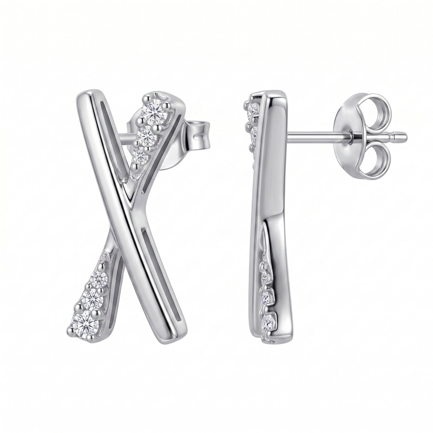12-Diamond X-Shape Post Earrings in 14K white gold, angled and profile view