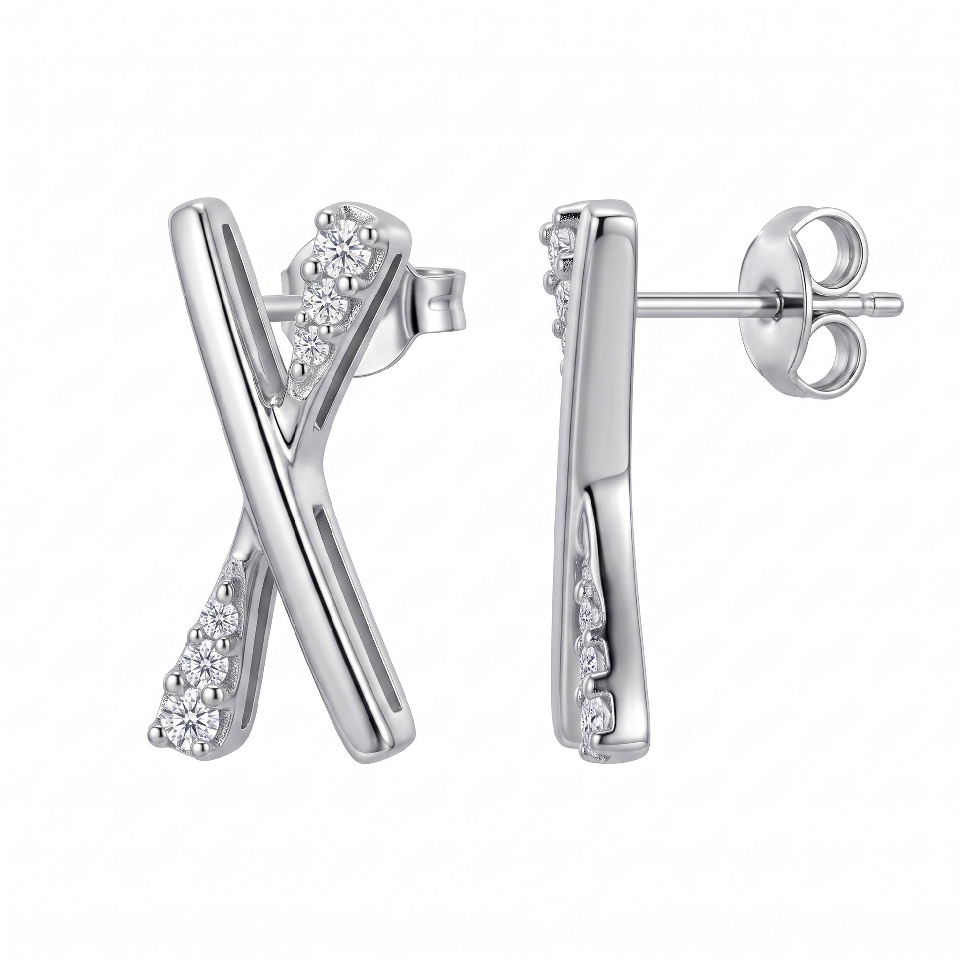 12-Diamond X-Shape Post Earrings in 14K white gold, angled and profile view