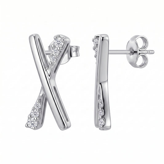 12-Diamond X-Shape Post Earrings in 14K white gold, angled and profile view