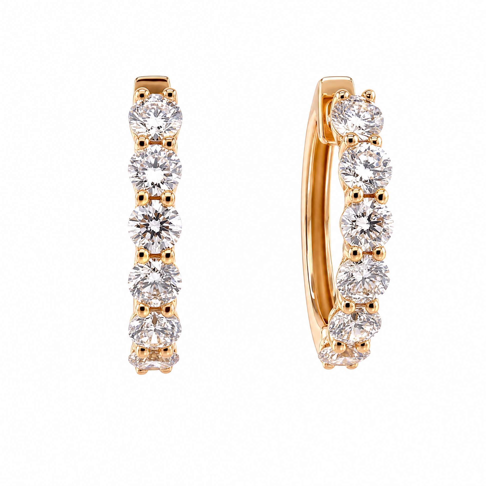 DEM1344AYW-12 W-2 front and turned view showing the back - round diamond shared-prong oval hoop earrings