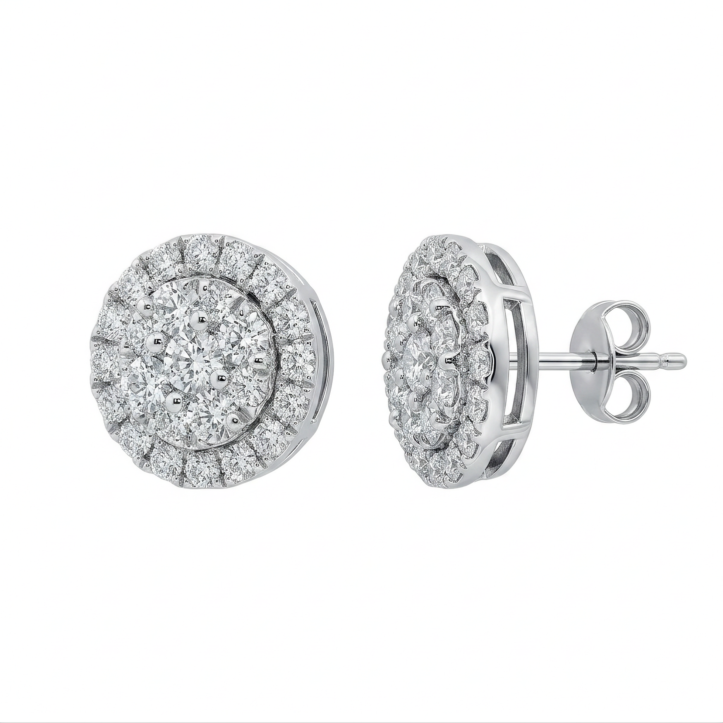 50-Diamond Round Stud Earrings, 9mm - 18K white gold round halo cluster diamond stud earrings, 9mm, front and side view