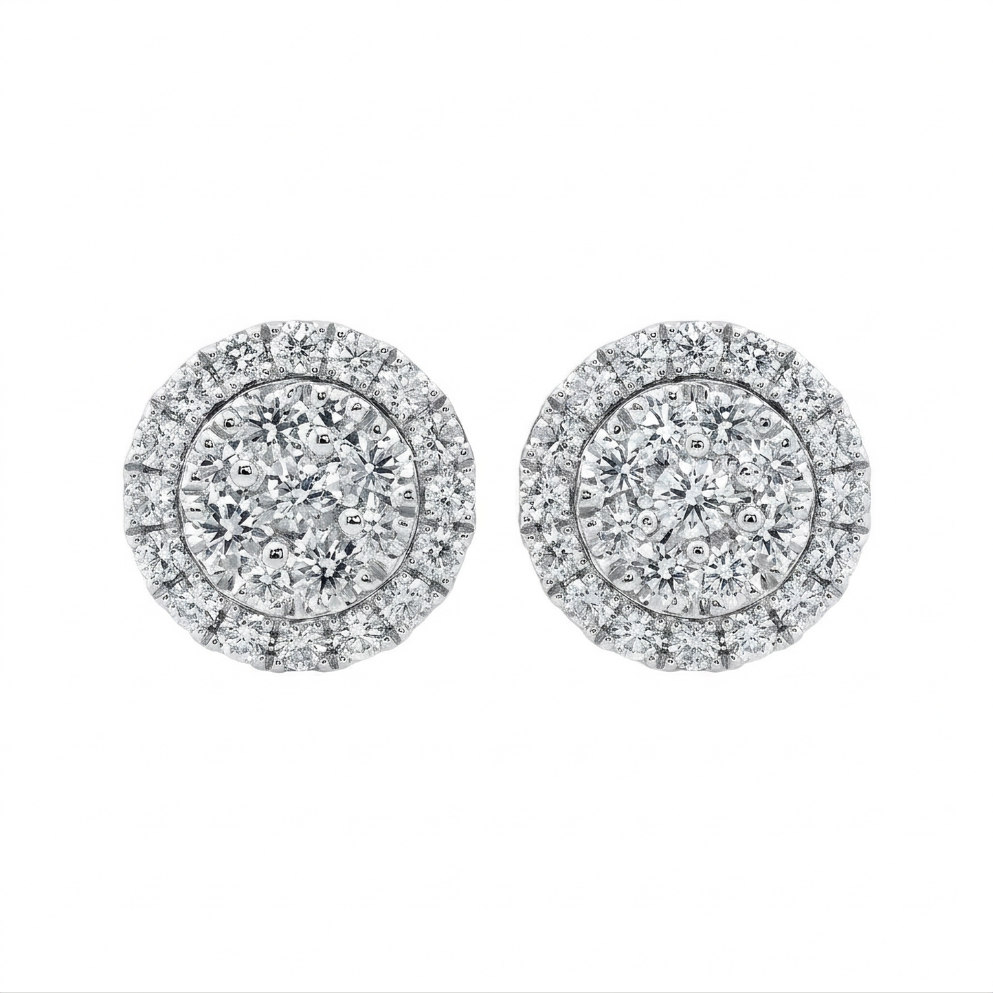 50-Diamond Round Stud Earrings, 9mm - 18K white gold round halo cluster diamond stud earrings, 9mm