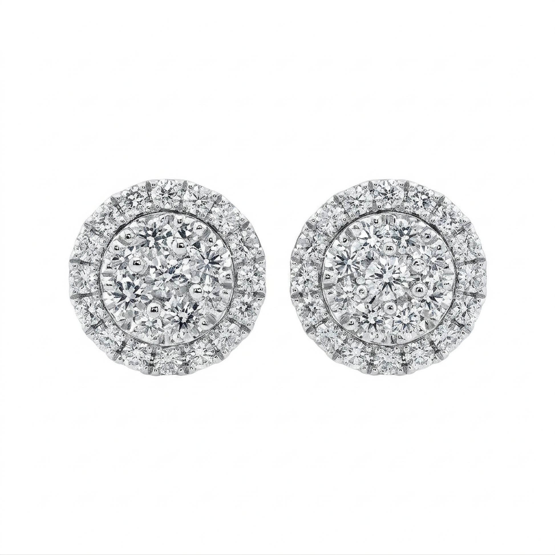 50-Diamond Round Stud Earrings, 9mm - 18K white gold round halo cluster diamond stud earrings, 9mm