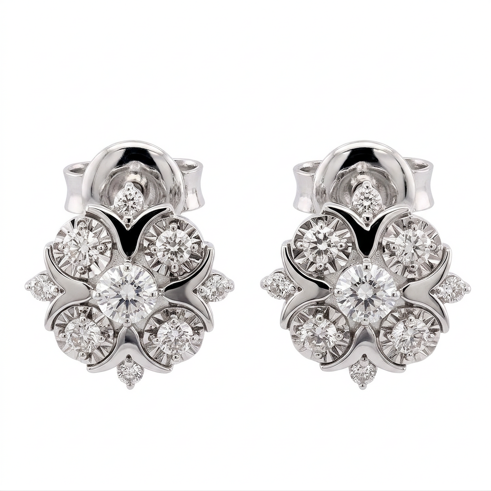 10-Round & 8-Diamond Post Earrings, 9x10mm