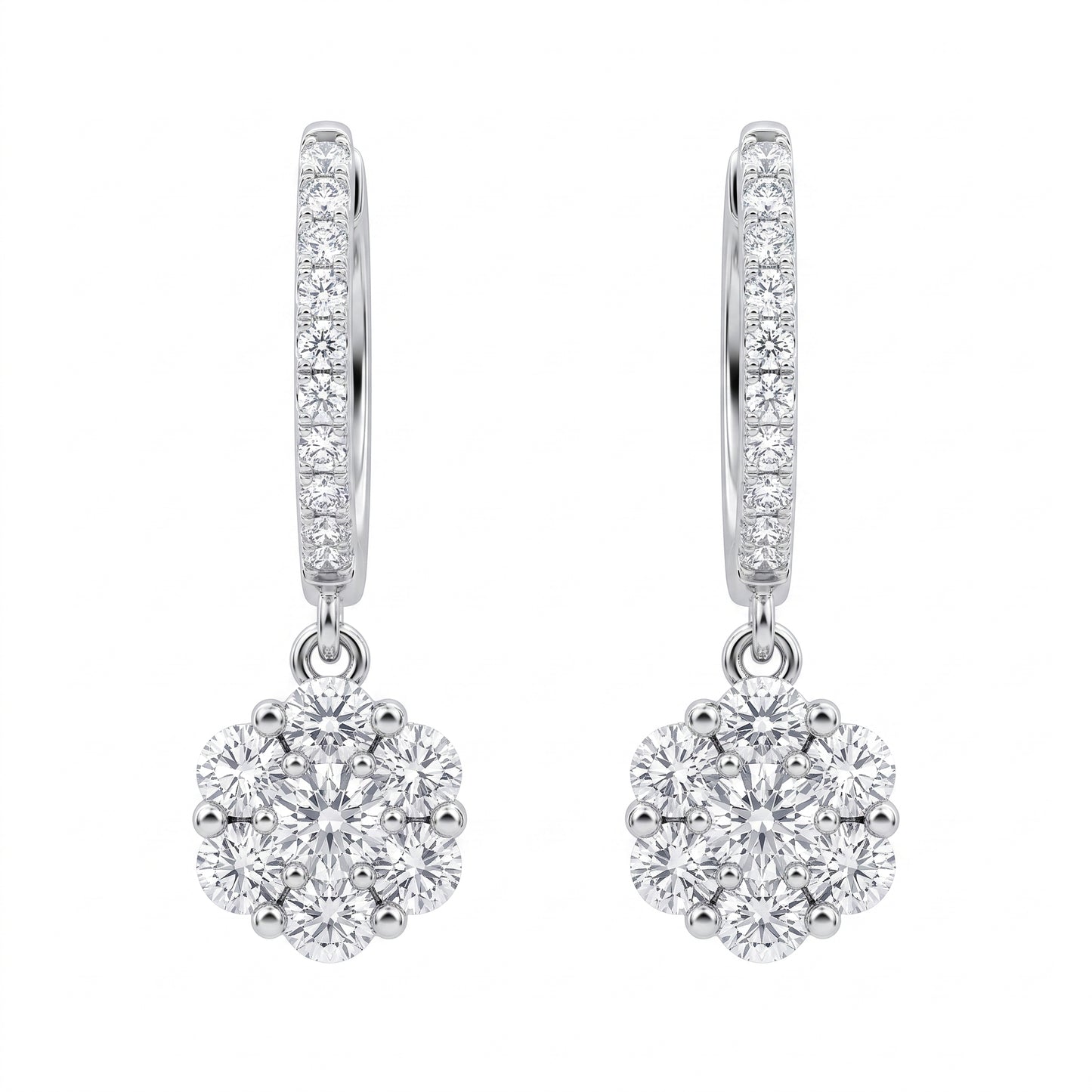 36-Diamond Flower Hoop Dangle Earrings, 6x20mm in 18K white gold - white background view