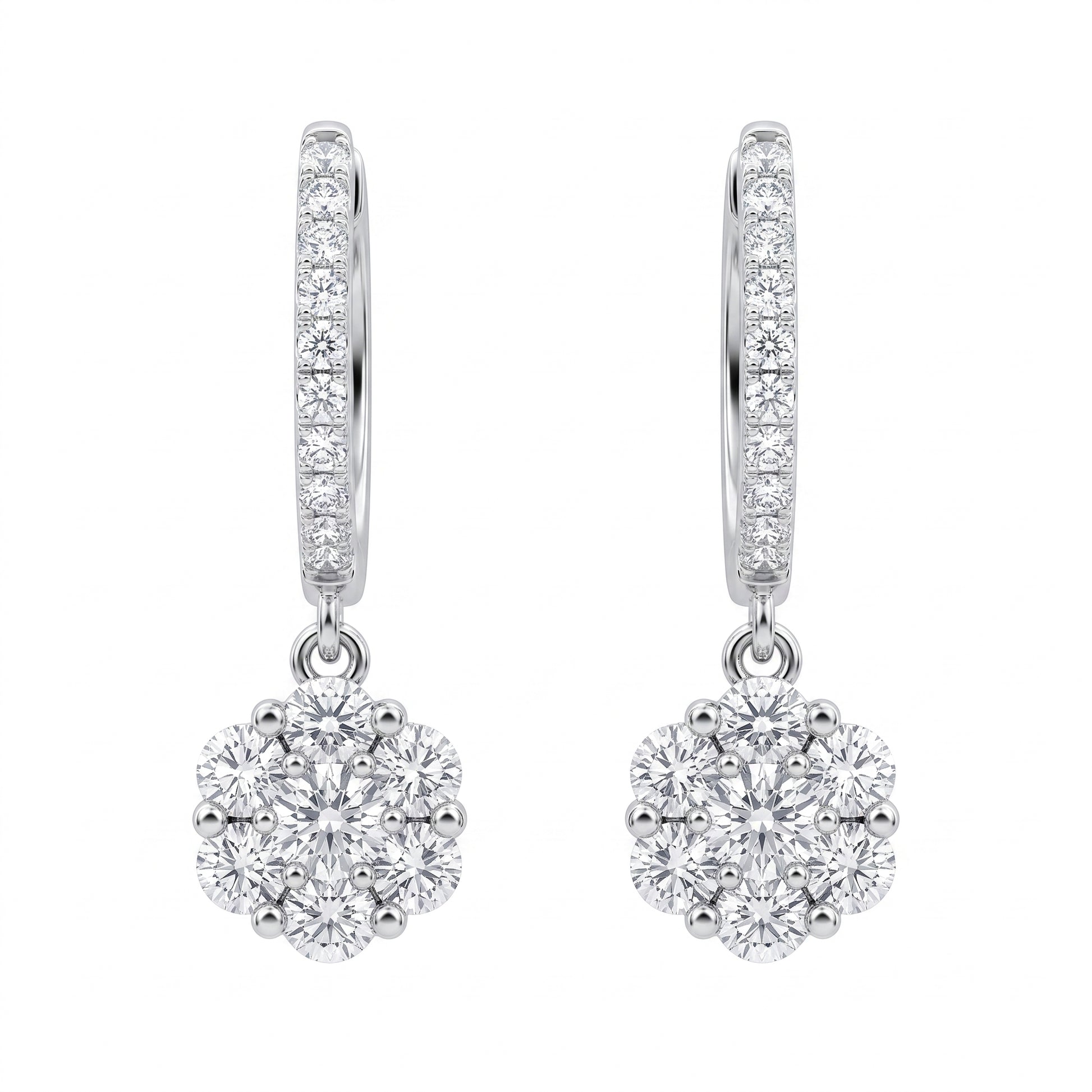 36-Diamond Flower Hoop Dangle Earrings, 6x20mm in 18K white gold - white background view