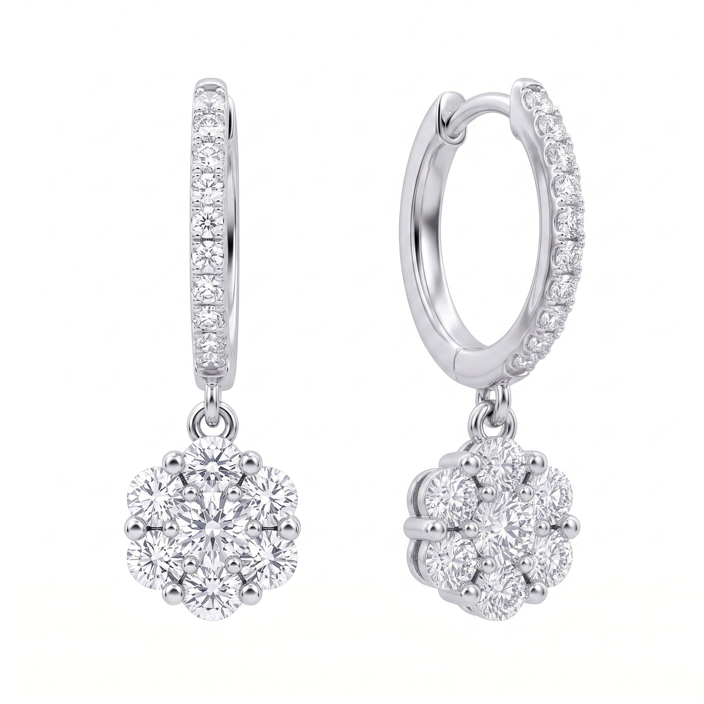 36-Diamond Flower Hoop Dangle Earrings, 6x20mm in 18K white gold - angled view