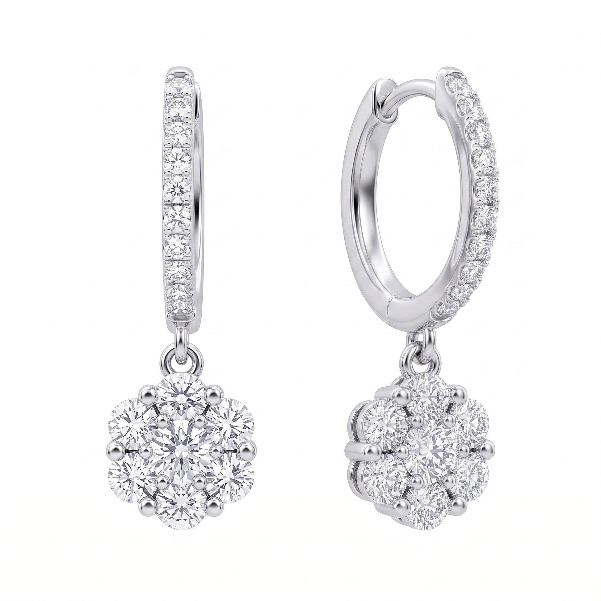 36-Diamond Flower Hoop Dangle Earrings, 6x20mm in 18K white gold - angled view