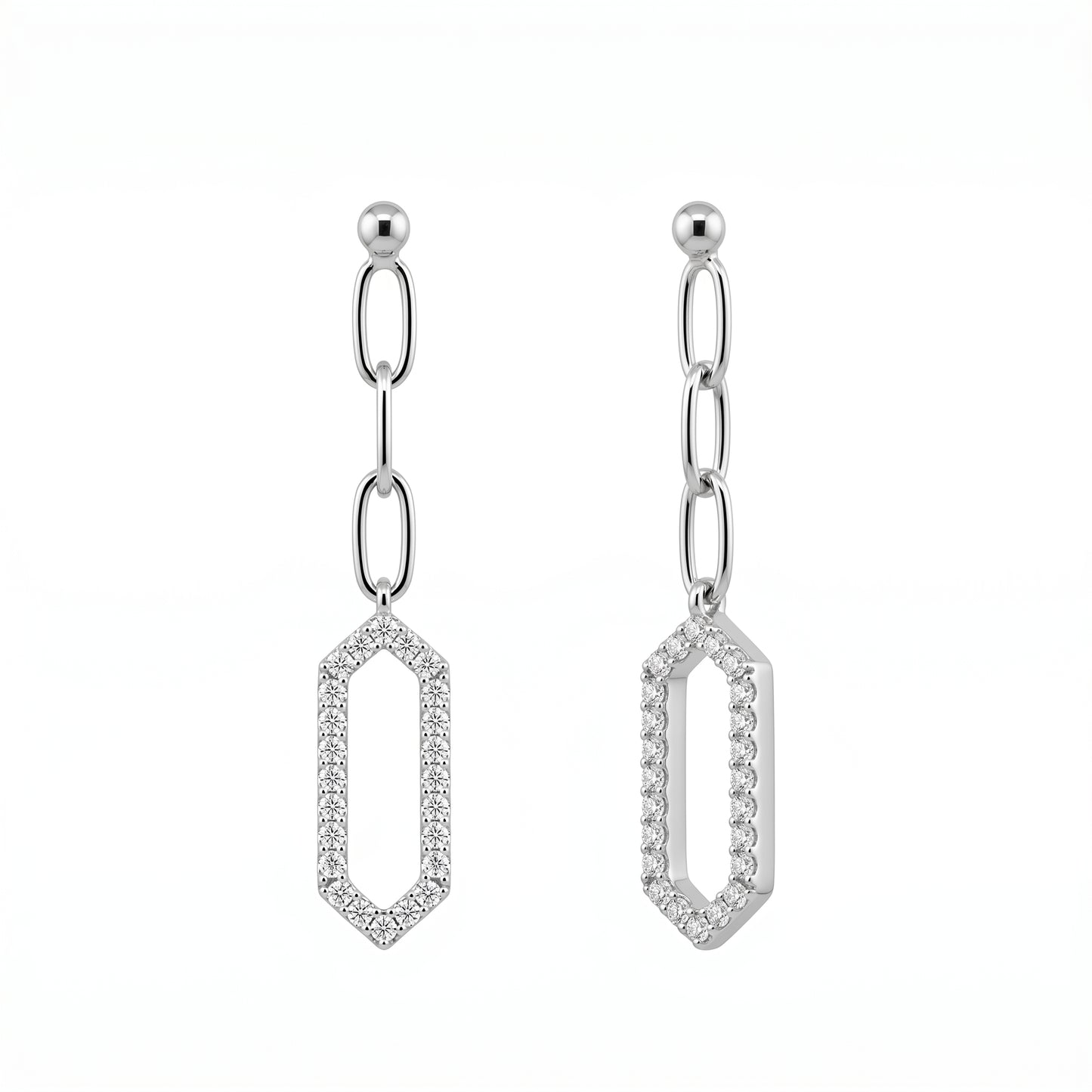 DEM1379W 14K white gold open long hexagonal diamond links post earrings, angled view