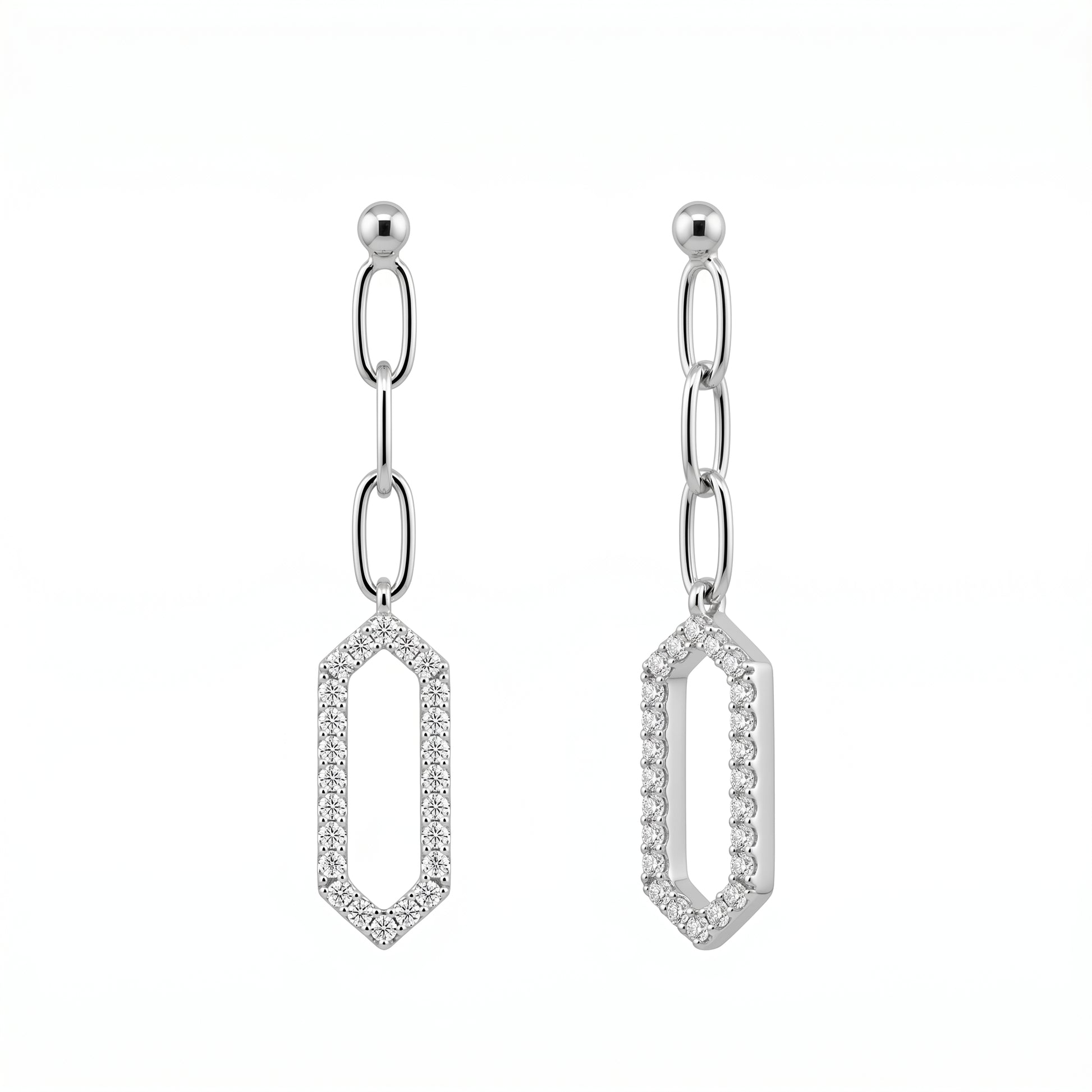 DEM1379W 14K white gold open long hexagonal diamond links post earrings, angled view