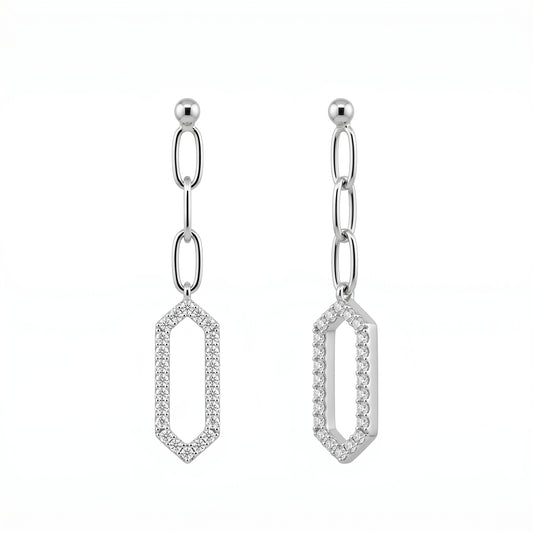 DEM1379W 14K white gold open long hexagonal diamond links post earrings, angled view