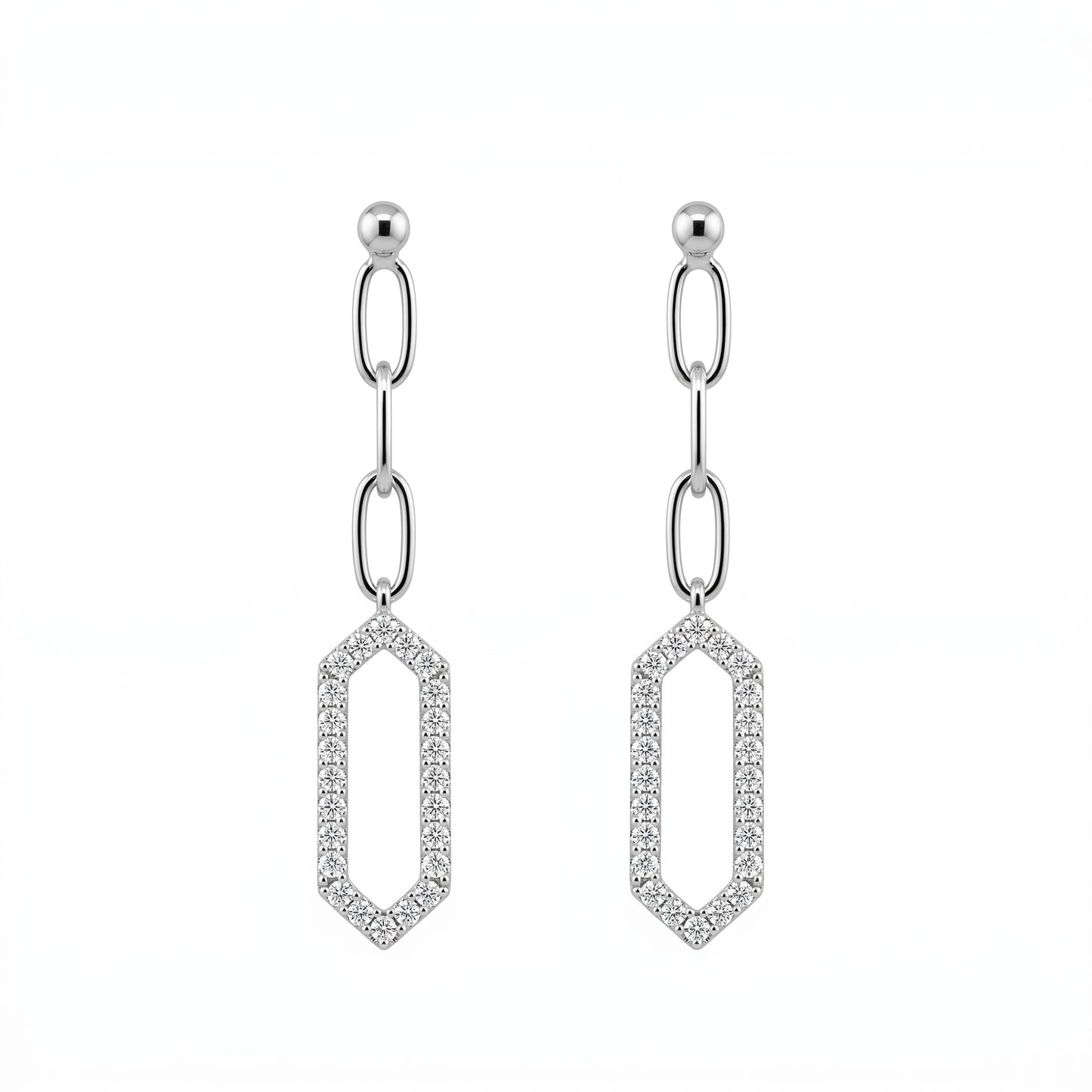 DEM1379W 14K white gold open long hexagonal diamond links post earrings, front view