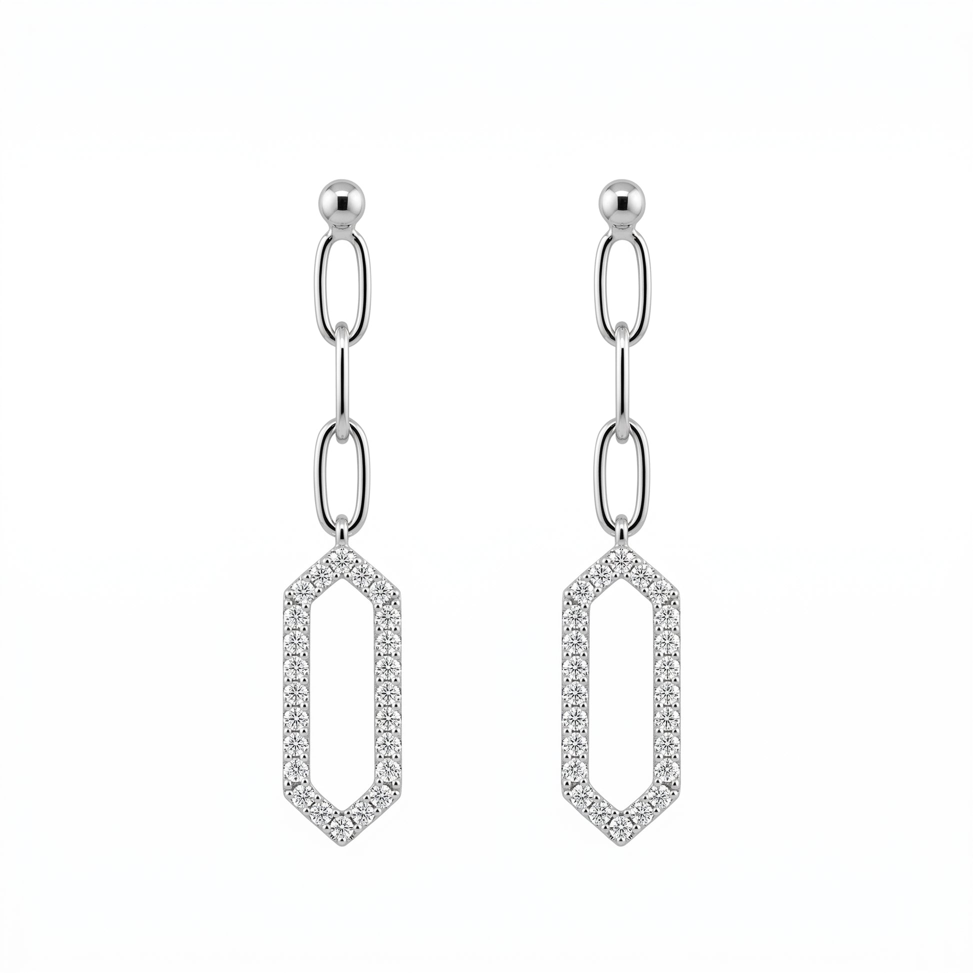 DEM1379W 14K white gold open long hexagonal diamond links post earrings, front view