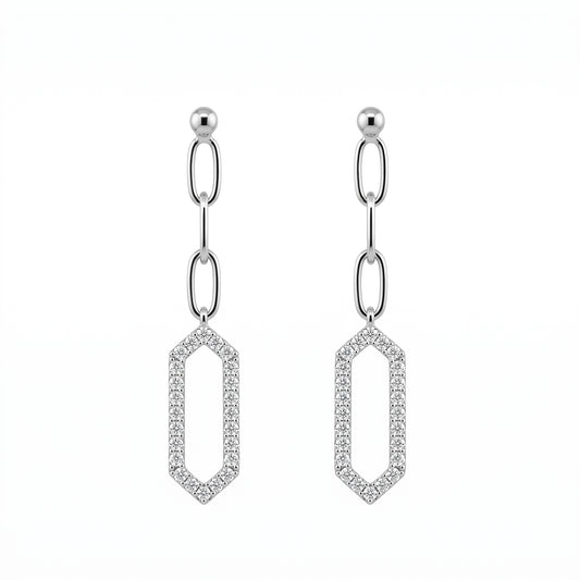 DEM1379W 14K white gold open long hexagonal diamond links post earrings, front view