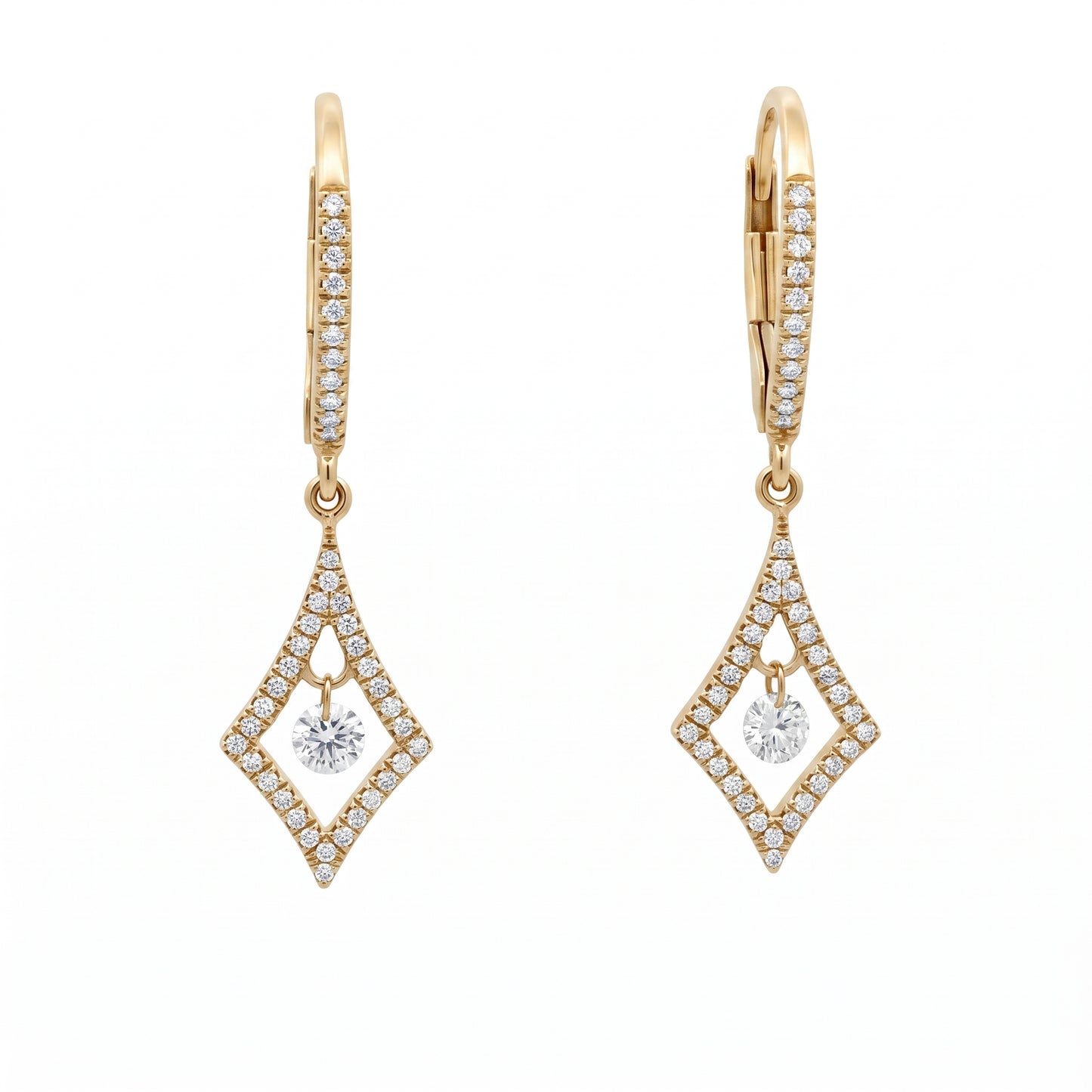 DEMJ0035 14K yellow gold diamond floating solitaire open kite lever-back drop earrings, front view